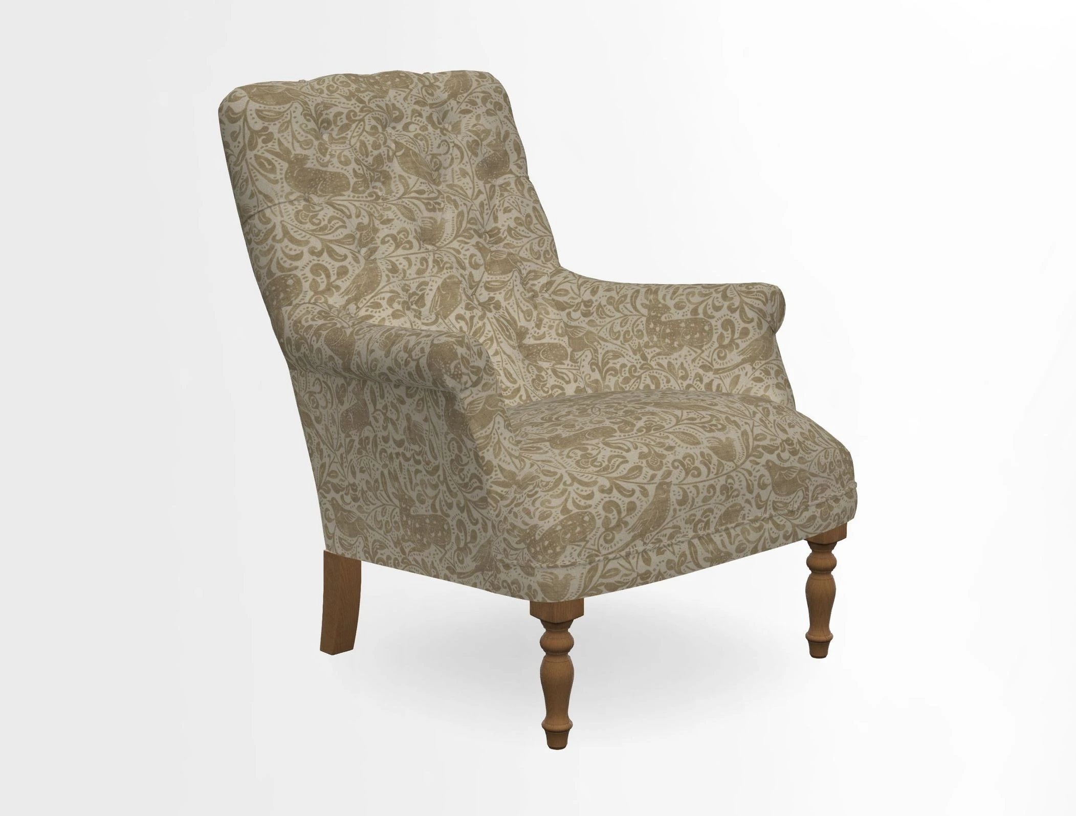Snape Button Back chair in Spill Resistant V&A Bird & Rabbit Dark Green and Cube footstool in Spill Resistant RHS Etta's Stripe Ink