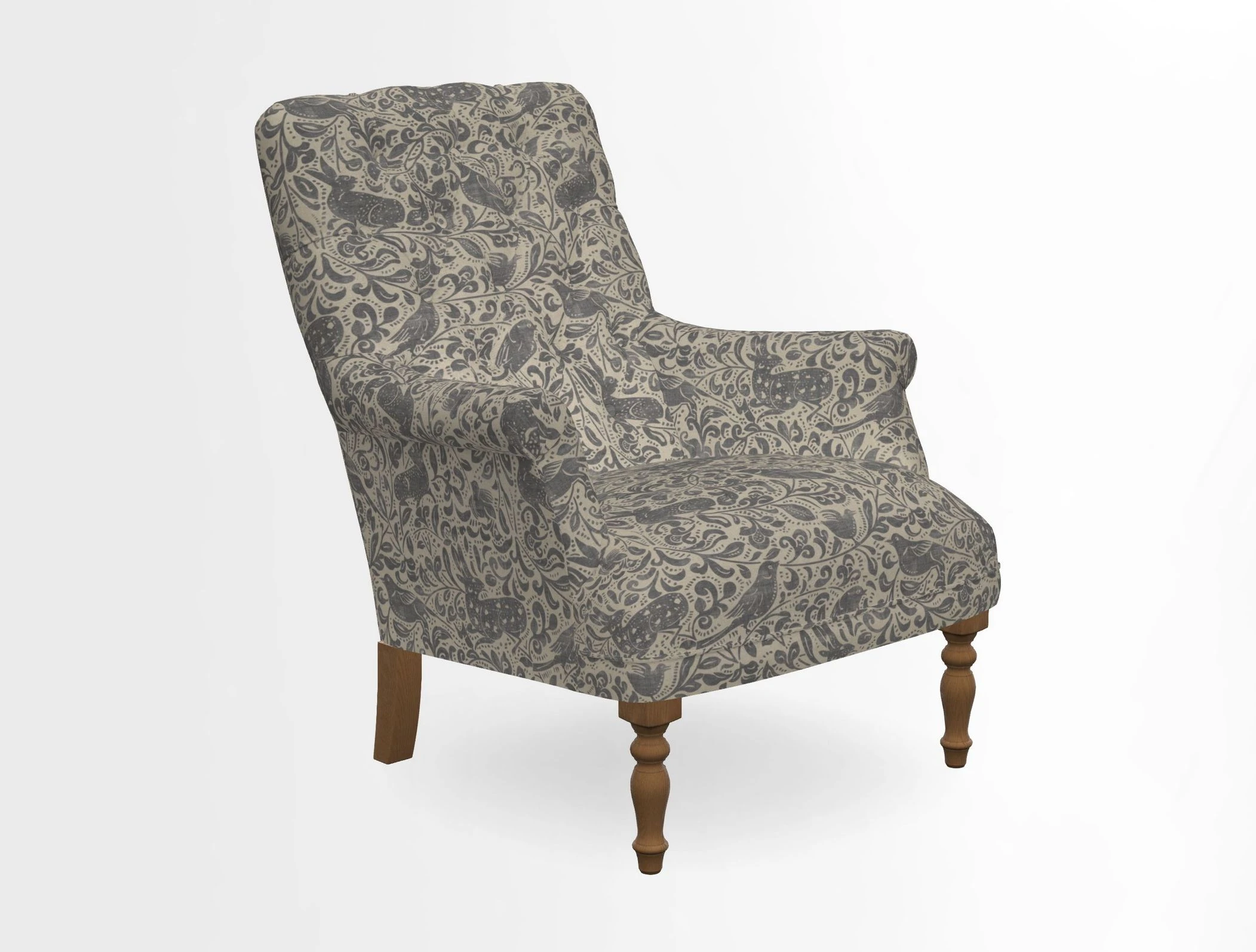 Snape Button Back chair in Spill Resistant V&A Bird & Rabbit Dark Green and Cube footstool in Spill Resistant RHS Etta's Stripe Ink