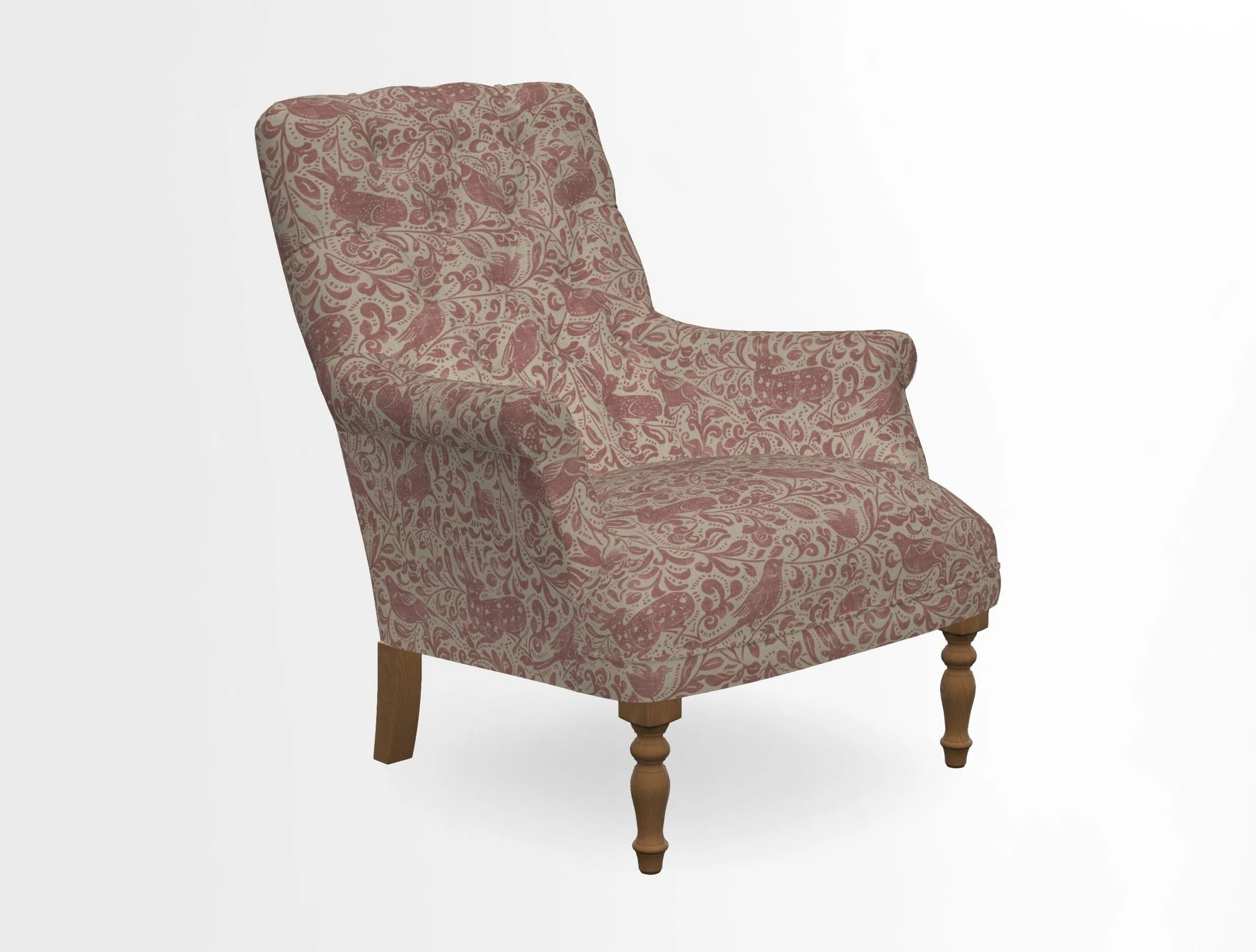 Snape Button Back chair in Spill Resistant V&A Bird & Rabbit Dark Green and Cube footstool in Spill Resistant RHS Etta's Stripe Ink