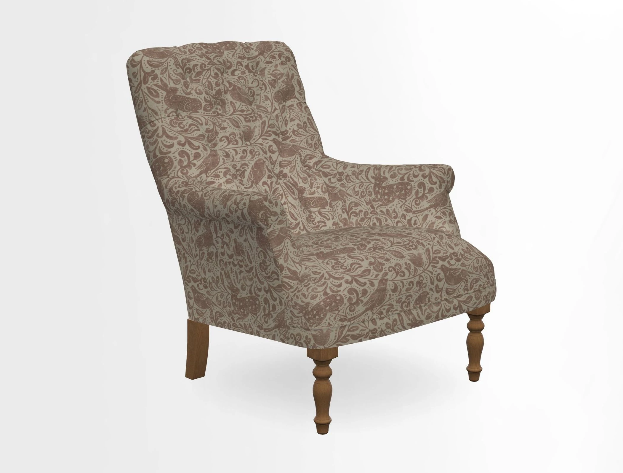 Snape Button Back chair in Spill Resistant V&A Bird & Rabbit Dark Green and Cube footstool in Spill Resistant RHS Etta's Stripe Ink