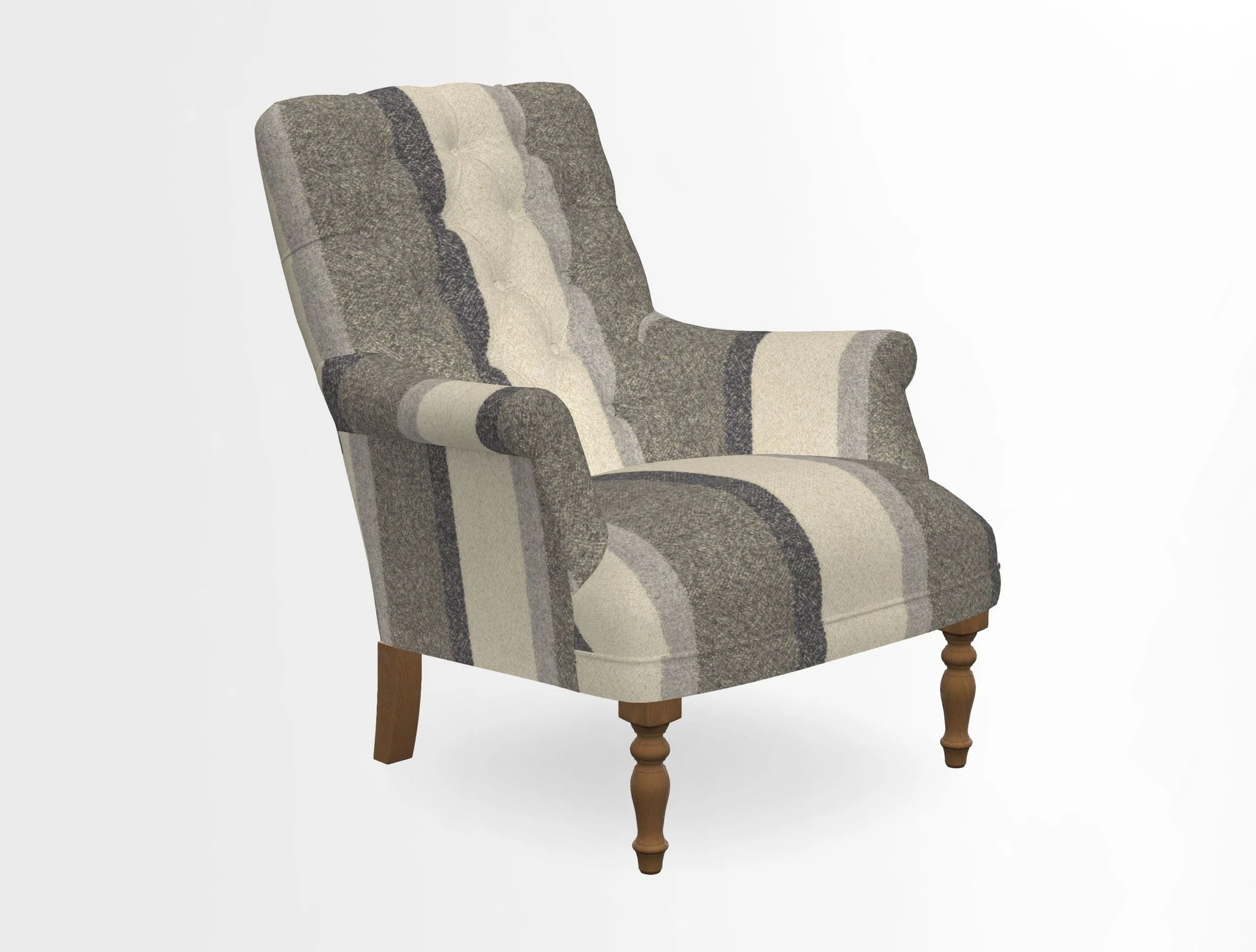 Snape Button Back chair in Spill Resistant V&A Bird & Rabbit Dark Green and Cube footstool in Spill Resistant RHS Etta's Stripe Ink