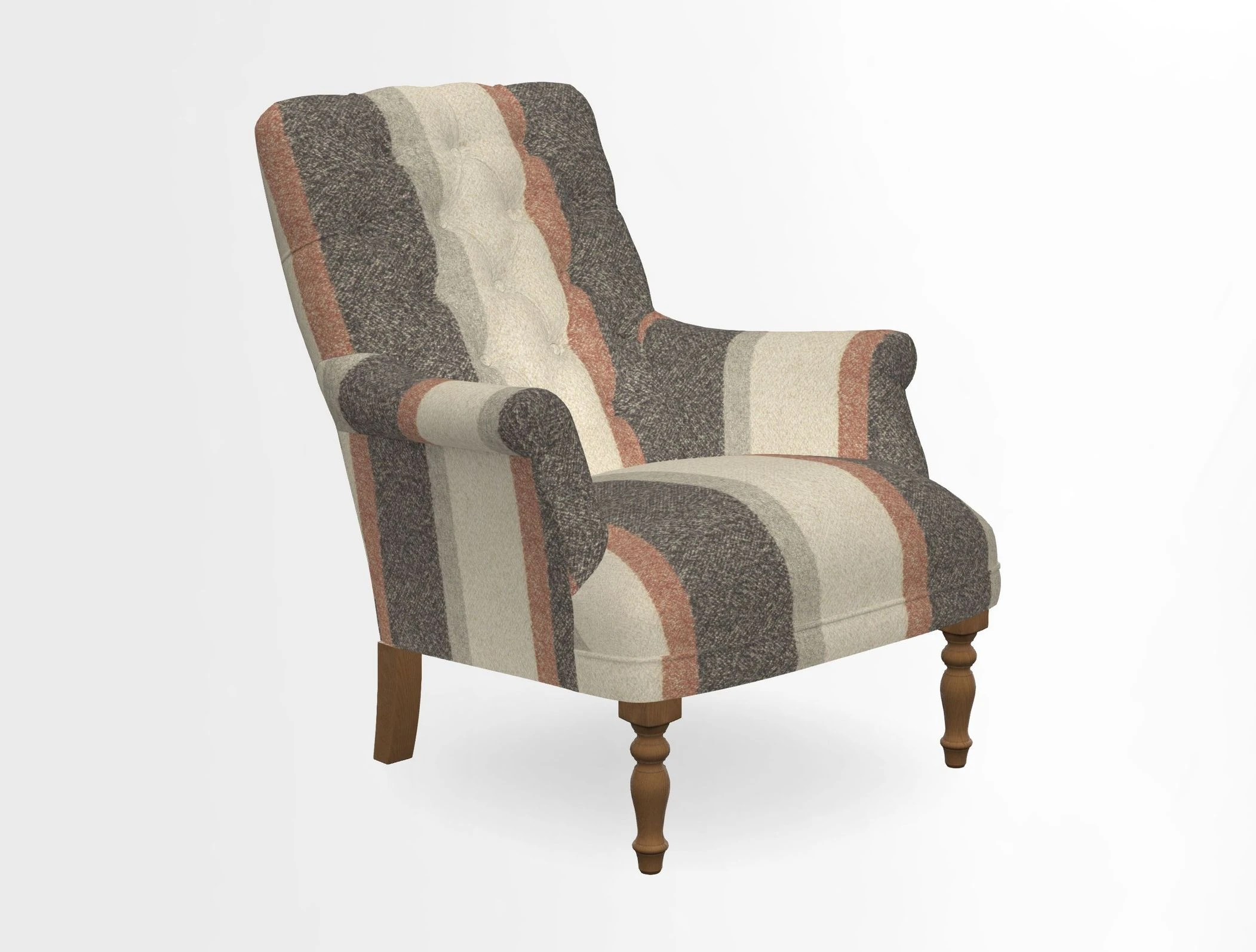 Snape Button Back chair in Spill Resistant V&A Bird & Rabbit Dark Green and Cube footstool in Spill Resistant RHS Etta's Stripe Ink