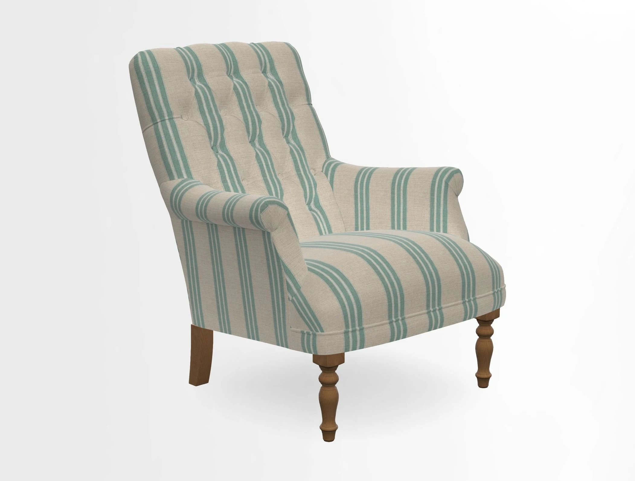 Snape Button Back chair in Spill Resistant V&A Bird & Rabbit Dark Green and Cube footstool in Spill Resistant RHS Etta's Stripe Ink