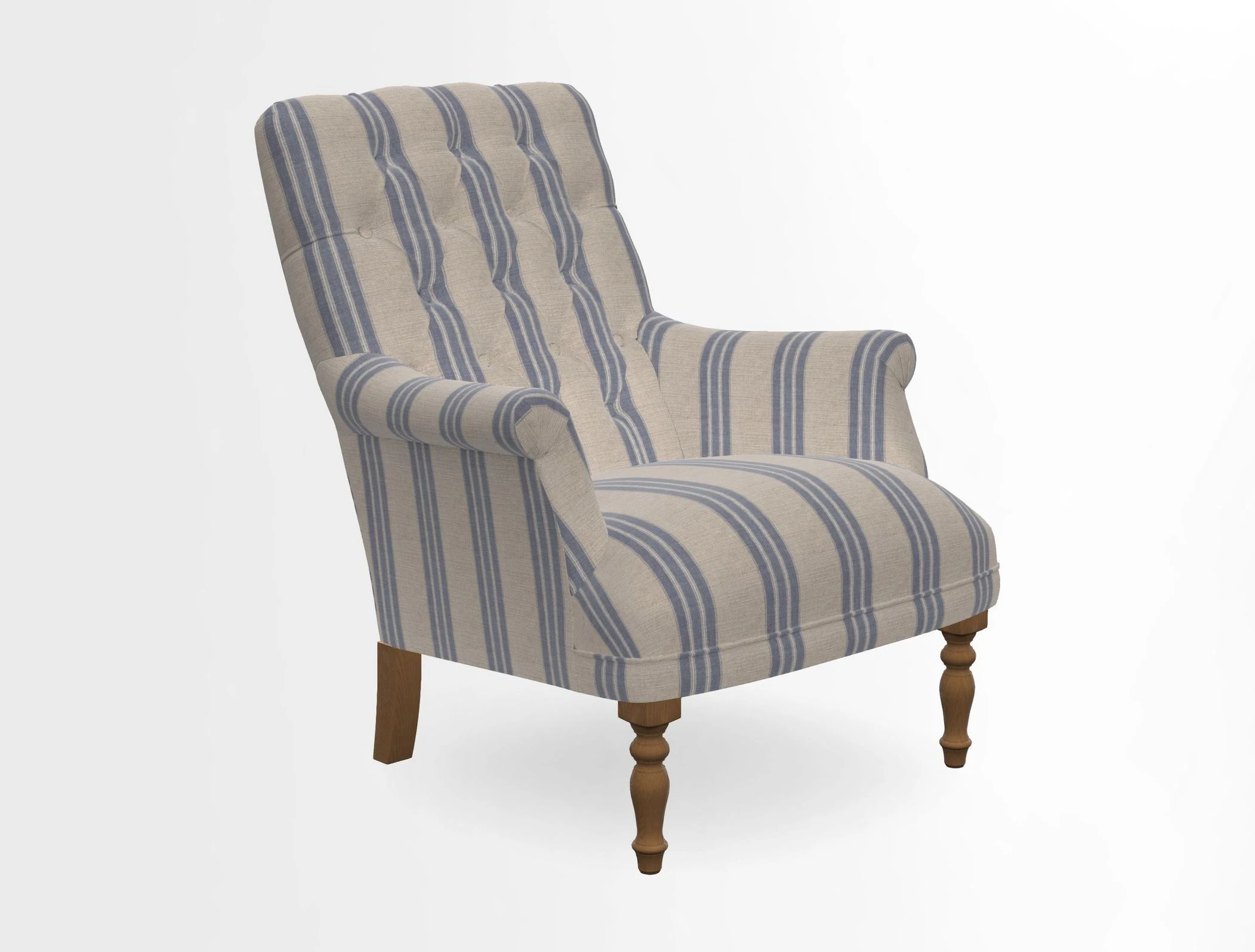 Snape Button Back chair in Spill Resistant V&A Bird & Rabbit Dark Green and Cube footstool in Spill Resistant RHS Etta's Stripe Ink