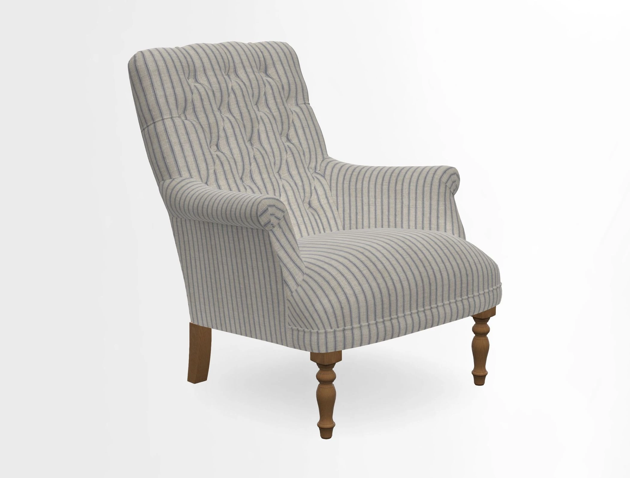 Snape Button Back chair in Spill Resistant V&A Bird & Rabbit Dark Green and Cube footstool in Spill Resistant RHS Etta's Stripe Ink