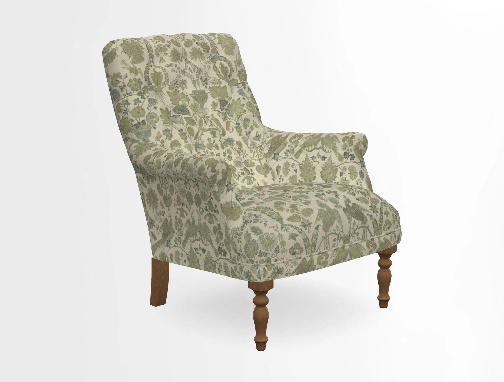 Snape Button Back chair in Spill Resistant V&A Bird & Rabbit Dark Green and Cube footstool in Spill Resistant RHS Etta's Stripe Ink