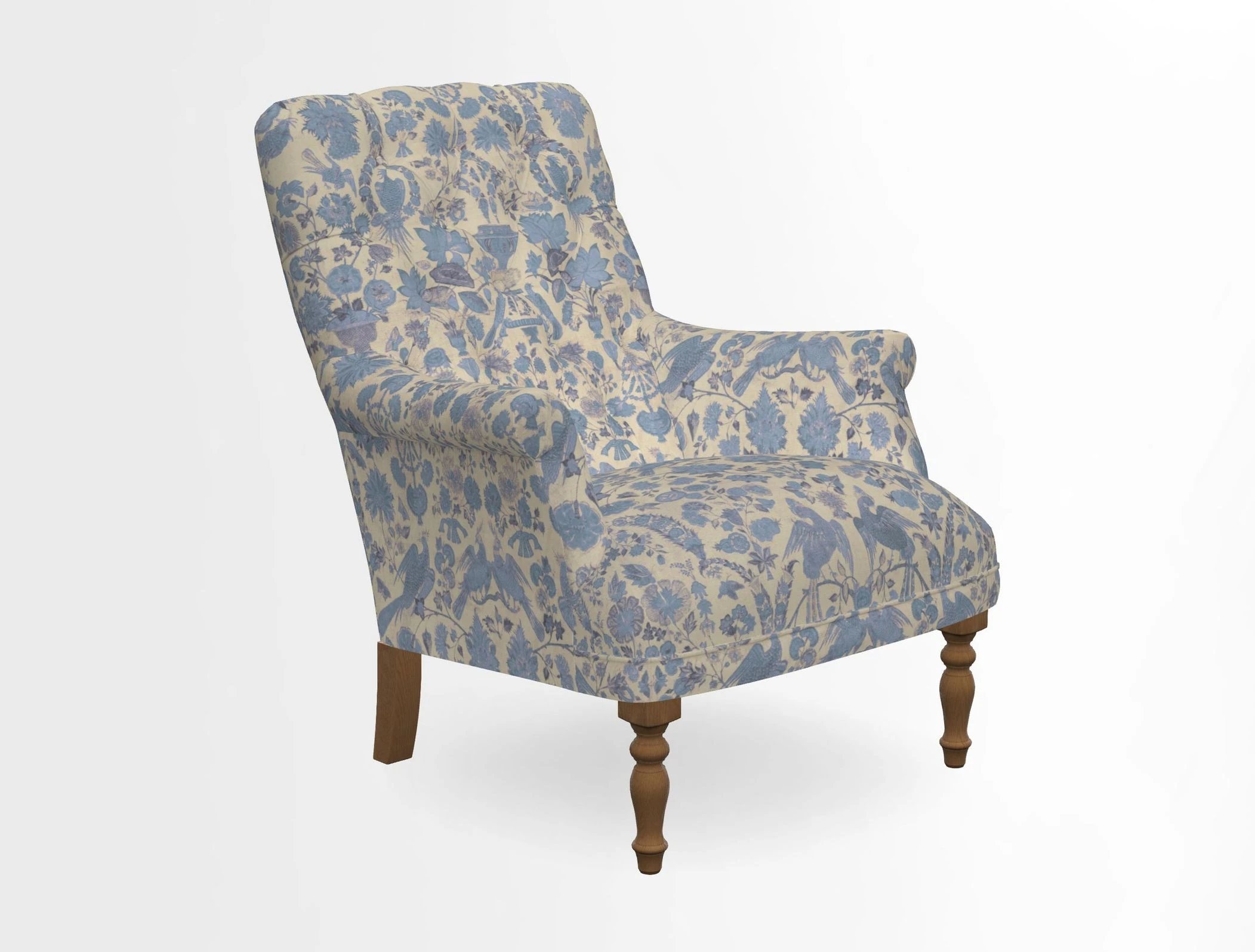 Snape Button Back chair in Spill Resistant V&A Bird & Rabbit Dark Green and Cube footstool in Spill Resistant RHS Etta's Stripe Ink