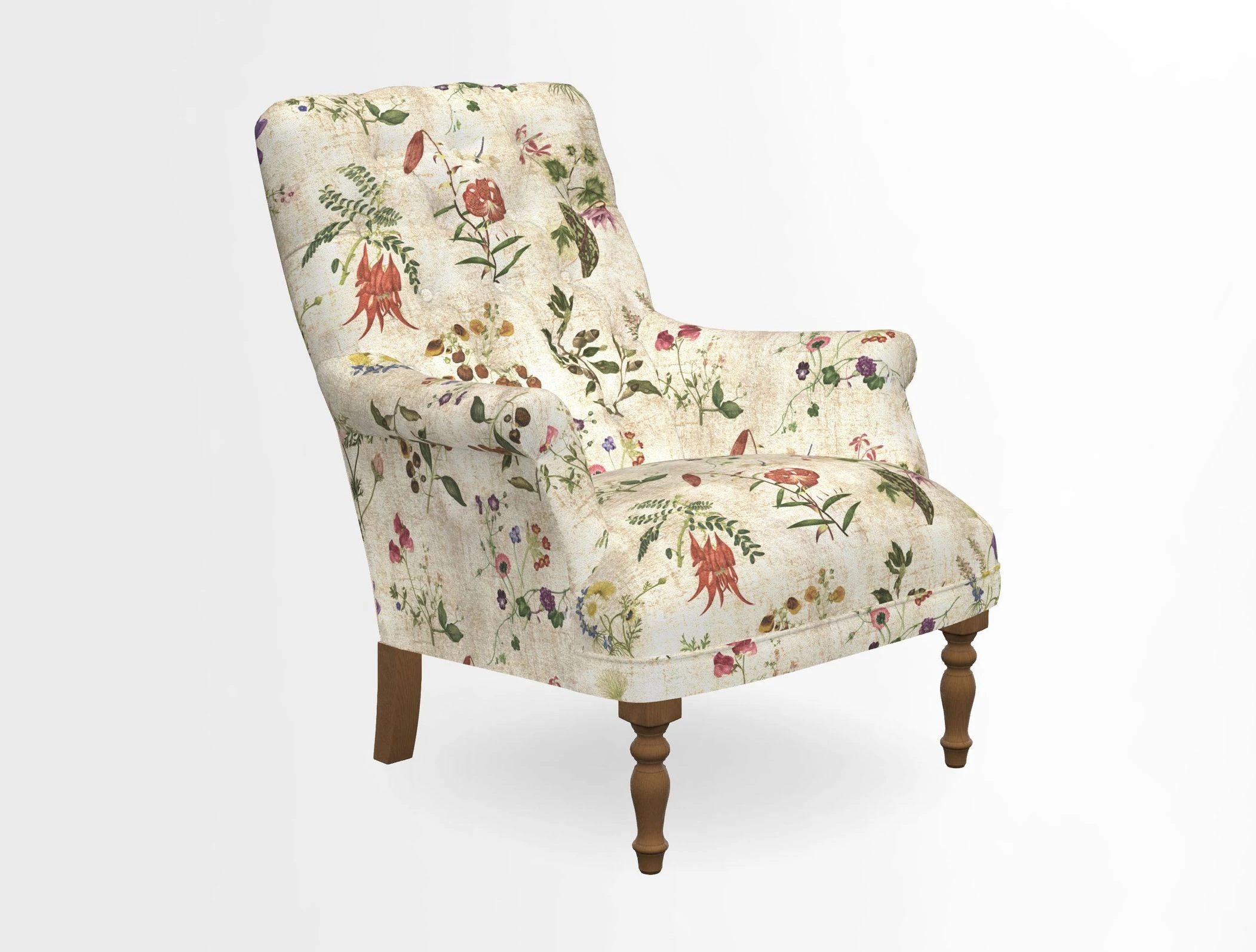 Snape Button Back chair in Spill Resistant V&A Bird & Rabbit Dark Green and Cube footstool in Spill Resistant RHS Etta's Stripe Ink