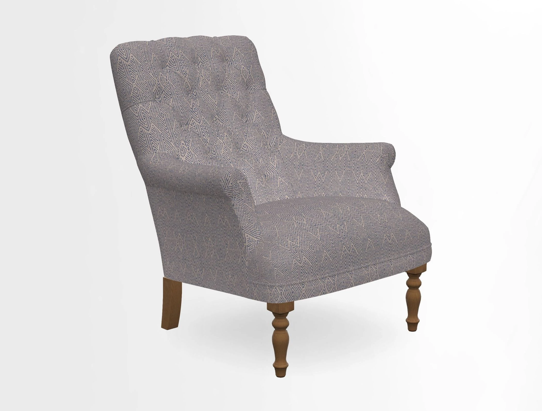 Snape Button Back chair in Spill Resistant V&A Bird & Rabbit Dark Green and Cube footstool in Spill Resistant RHS Etta's Stripe Ink