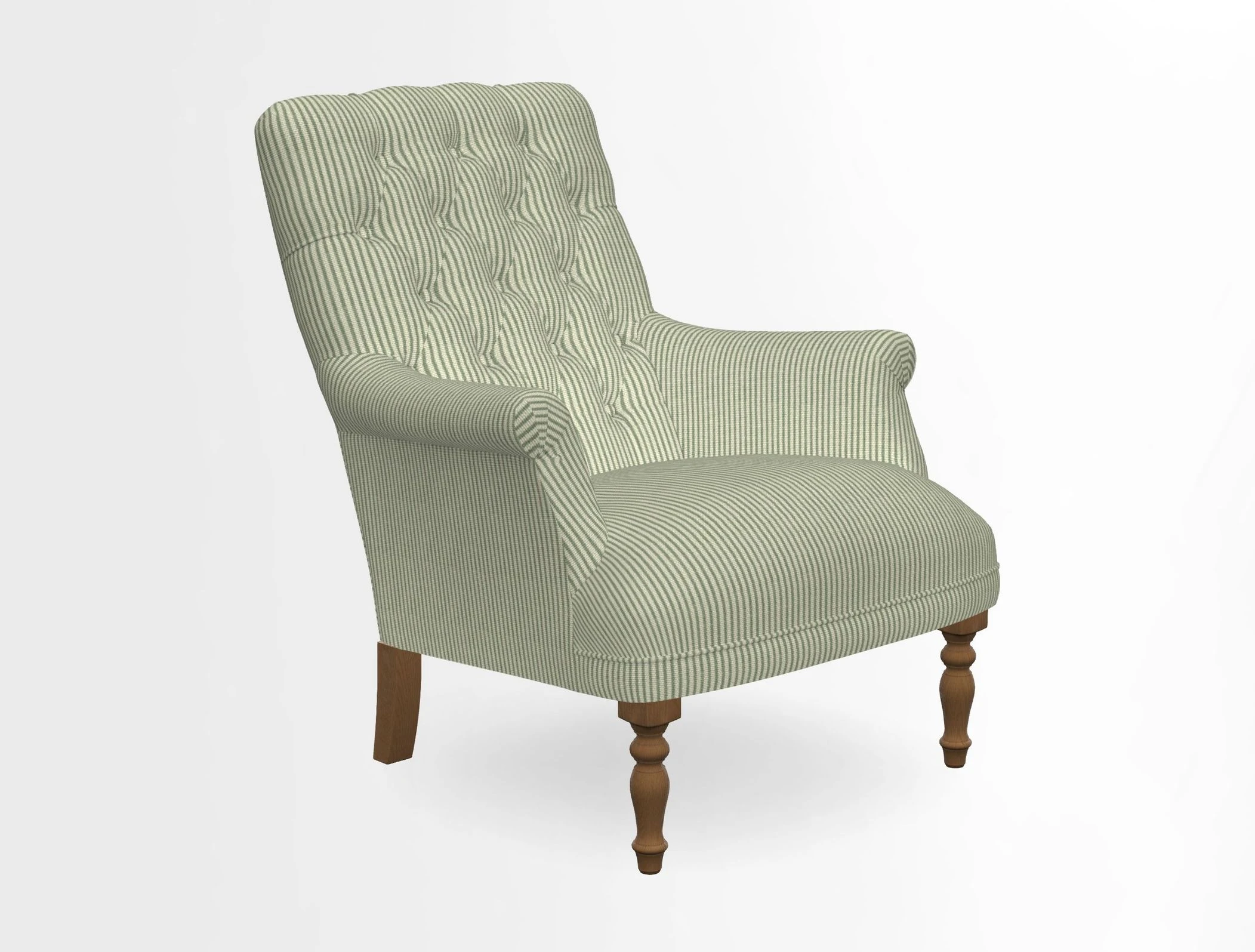 Snape Button Back chair in Spill Resistant V&A Bird & Rabbit Dark Green and Cube footstool in Spill Resistant RHS Etta's Stripe Ink