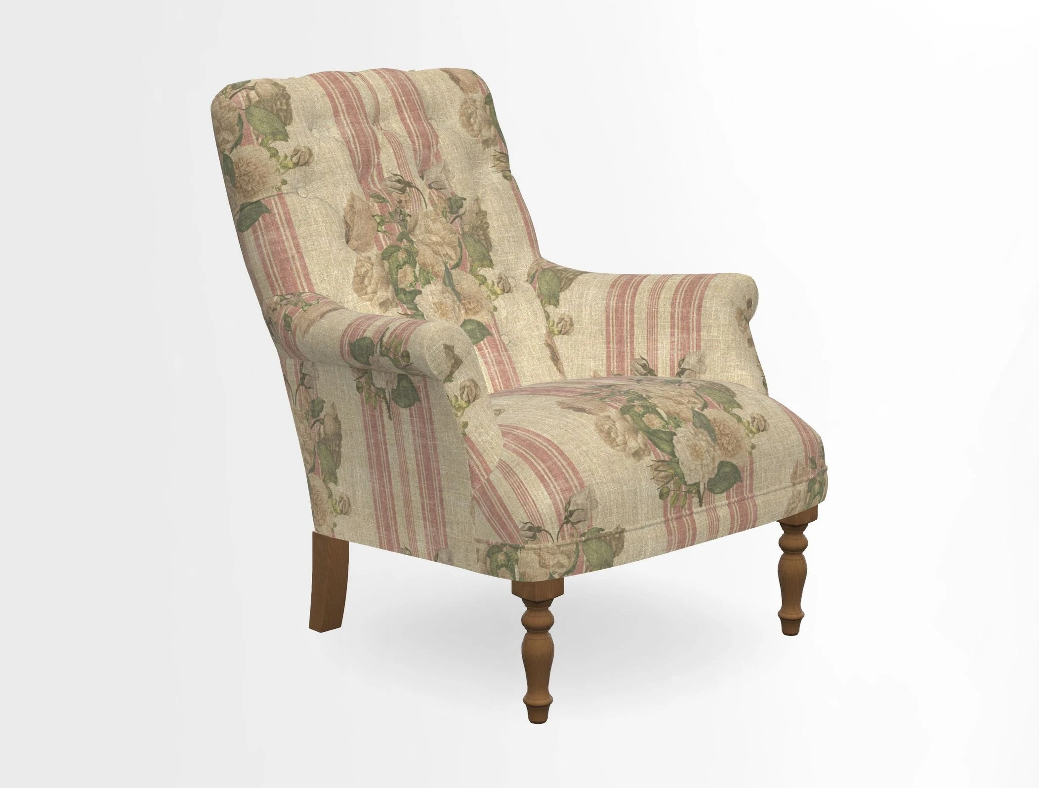 Snape Button Back chair in Spill Resistant V&A Bird & Rabbit Dark Green and Cube footstool in Spill Resistant RHS Etta's Stripe Ink