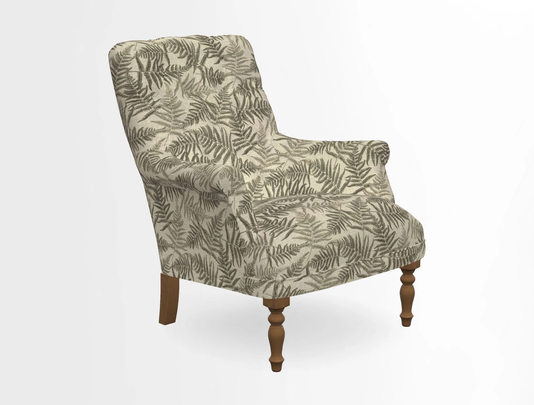 Snape Button Back chair in Spill Resistant V&A Bird & Rabbit Dark Green and Cube footstool in Spill Resistant RHS Etta's Stripe Ink