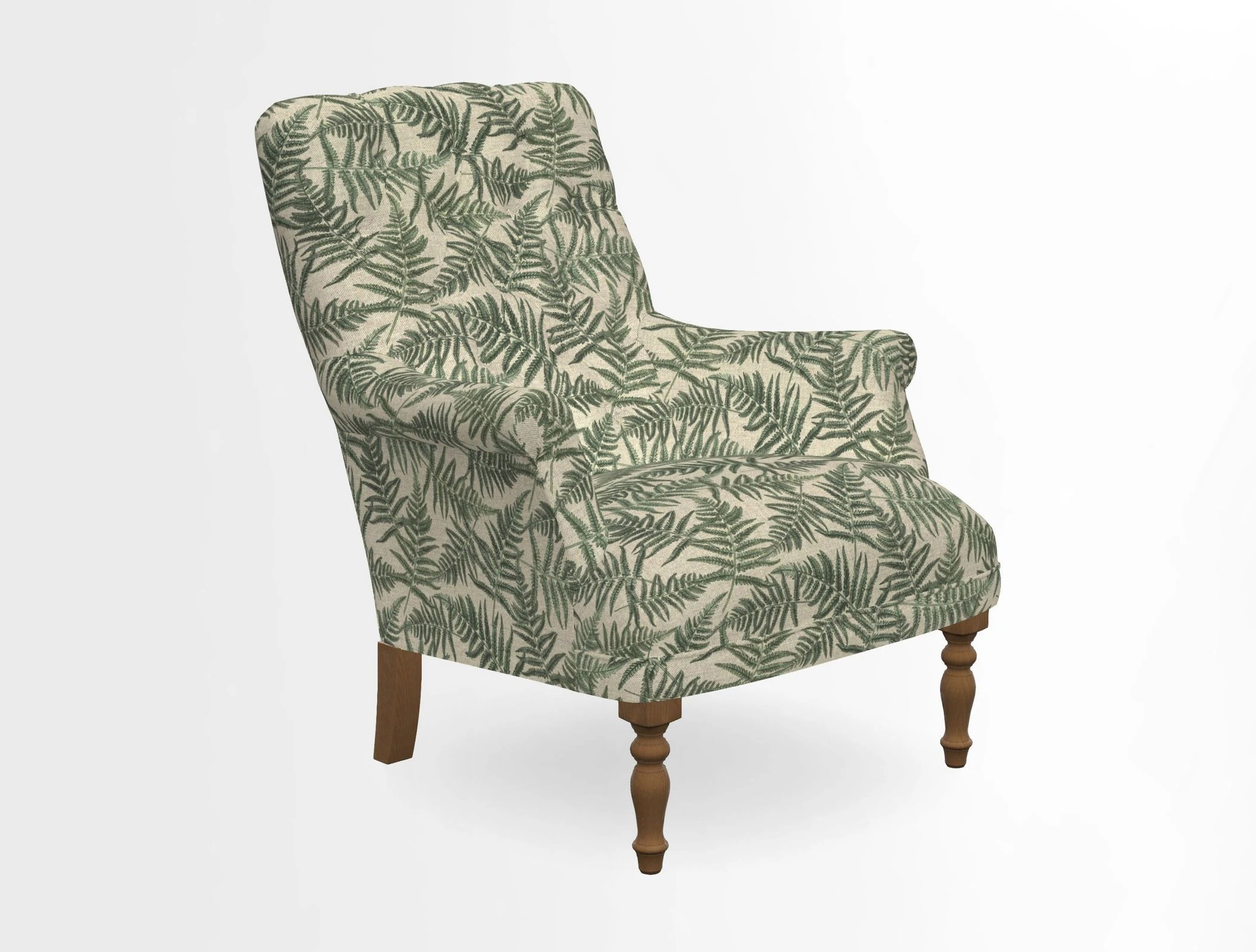Snape Button Back chair in Spill Resistant V&A Bird & Rabbit Dark Green and Cube footstool in Spill Resistant RHS Etta's Stripe Ink