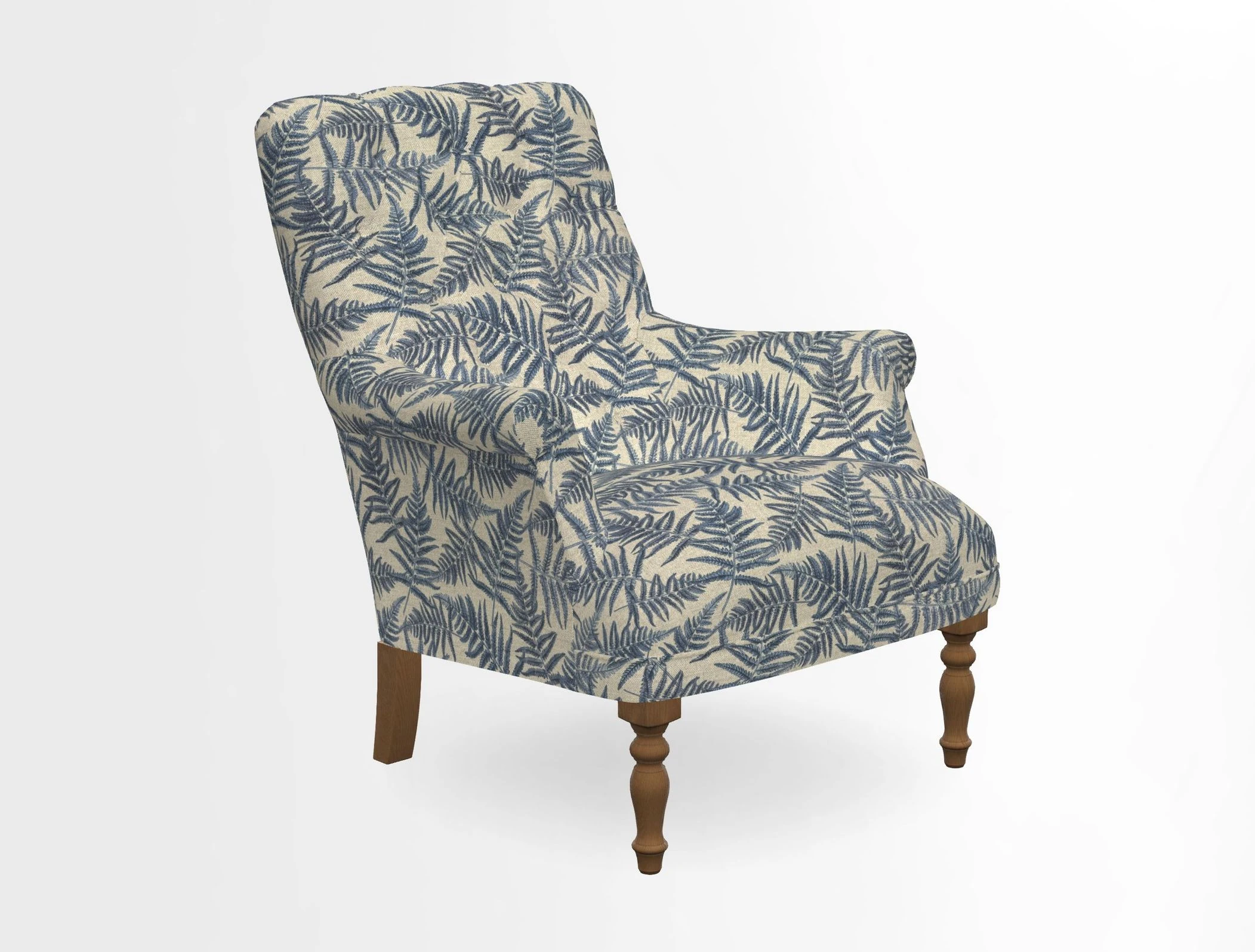 Snape Button Back chair in Spill Resistant V&A Bird & Rabbit Dark Green and Cube footstool in Spill Resistant RHS Etta's Stripe Ink