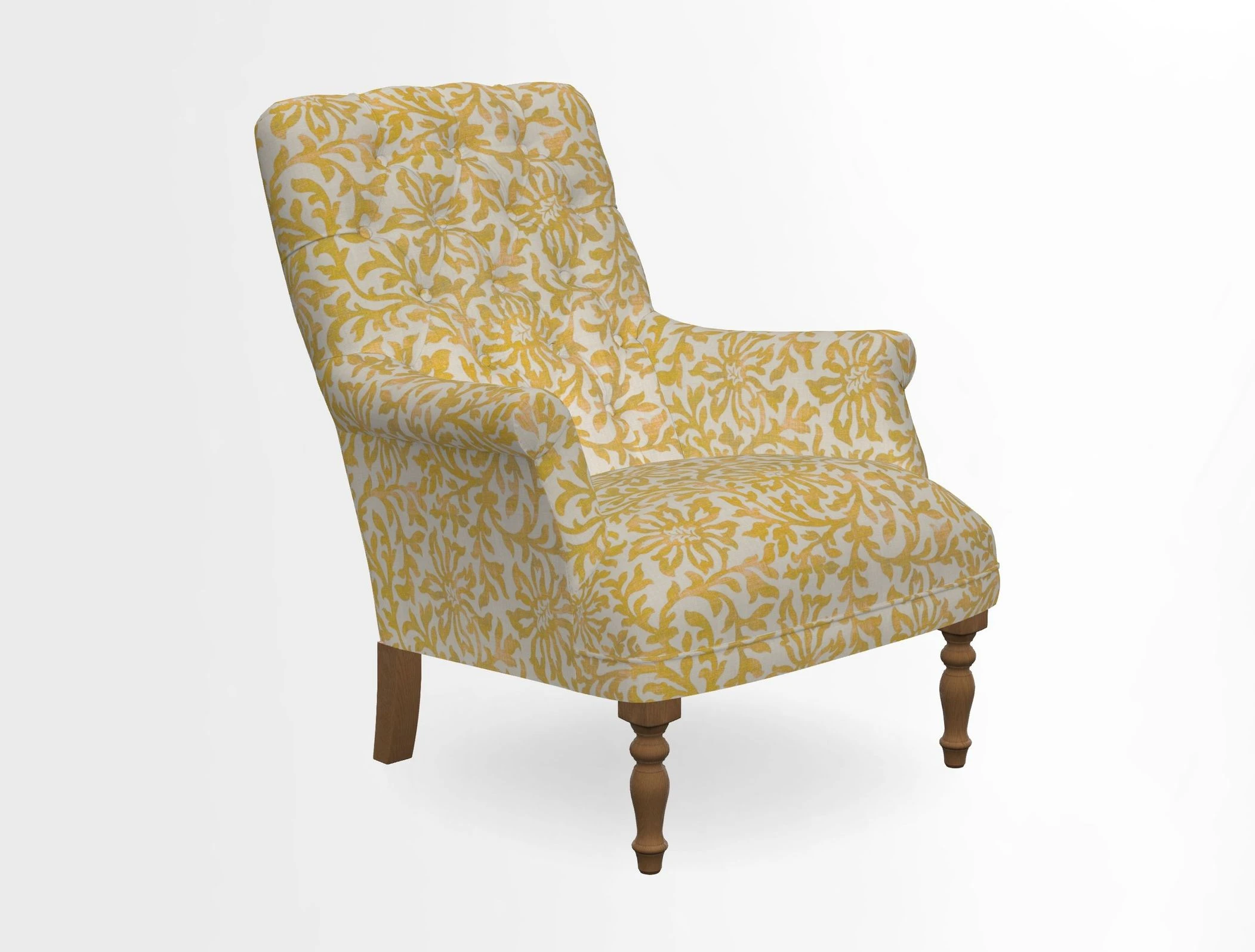 Snape Button Back chair in Spill Resistant V&A Bird & Rabbit Dark Green and Cube footstool in Spill Resistant RHS Etta's Stripe Ink