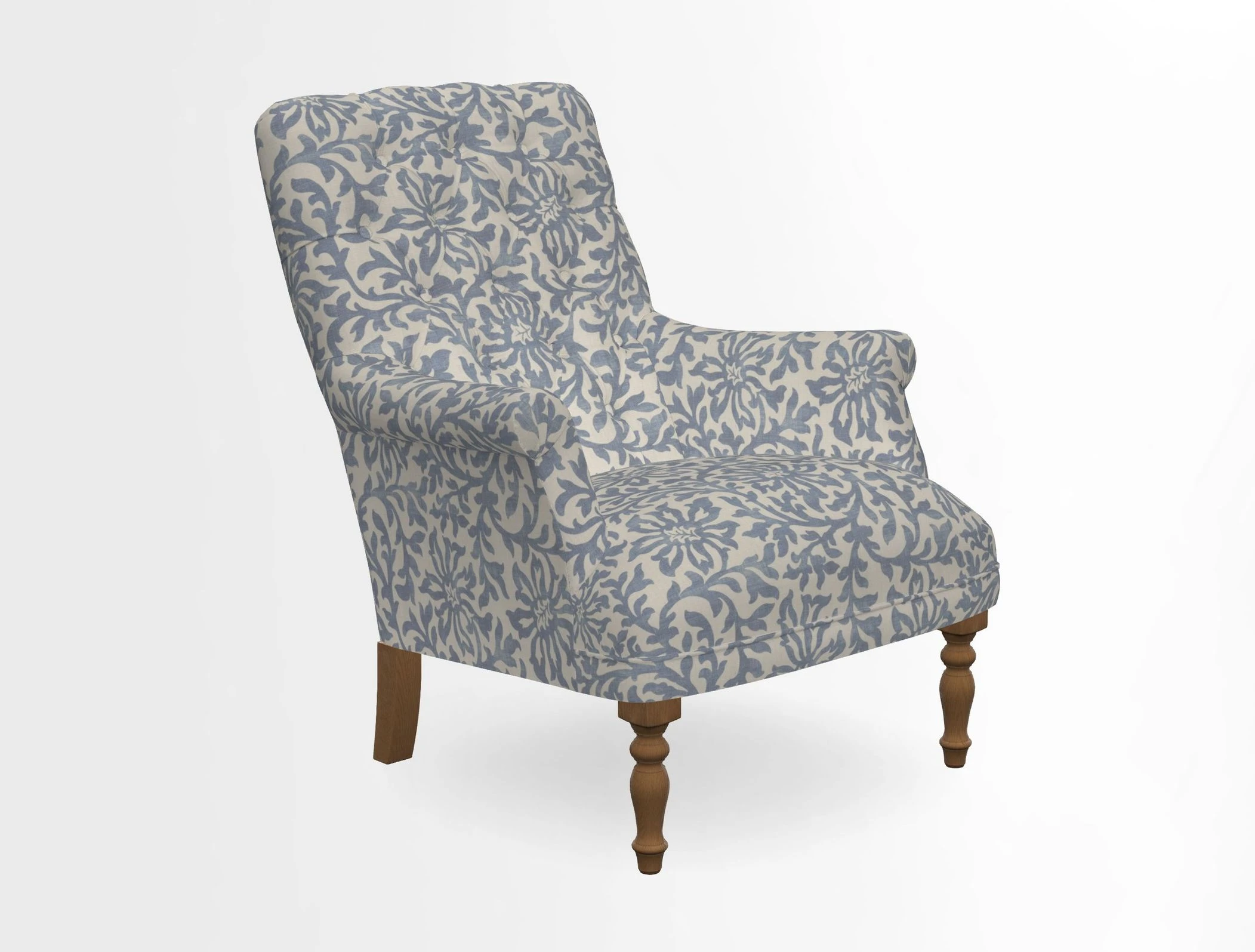 Snape Button Back chair in Spill Resistant V&A Bird & Rabbit Dark Green and Cube footstool in Spill Resistant RHS Etta's Stripe Ink