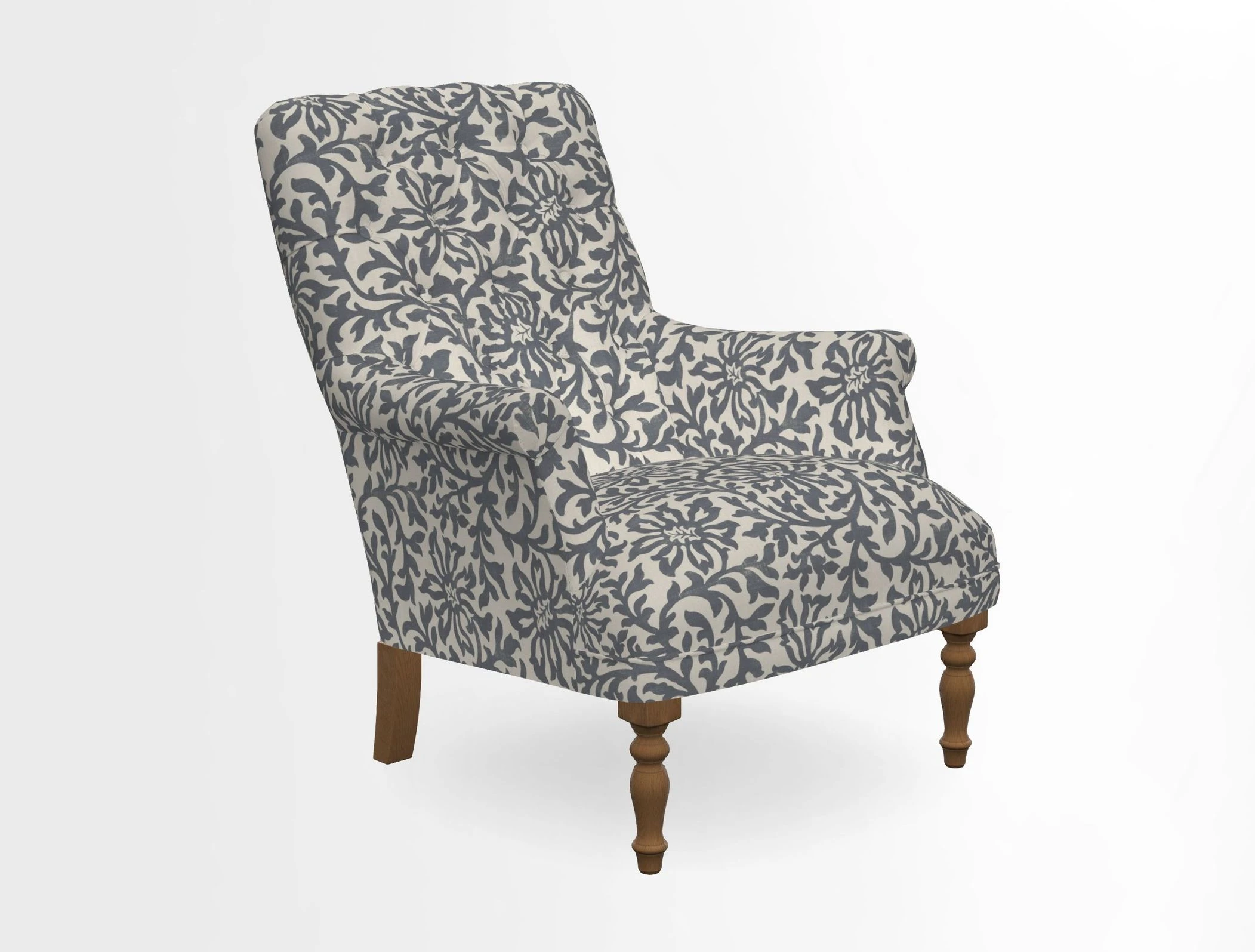 Snape Button Back chair in Spill Resistant V&A Bird & Rabbit Dark Green and Cube footstool in Spill Resistant RHS Etta's Stripe Ink