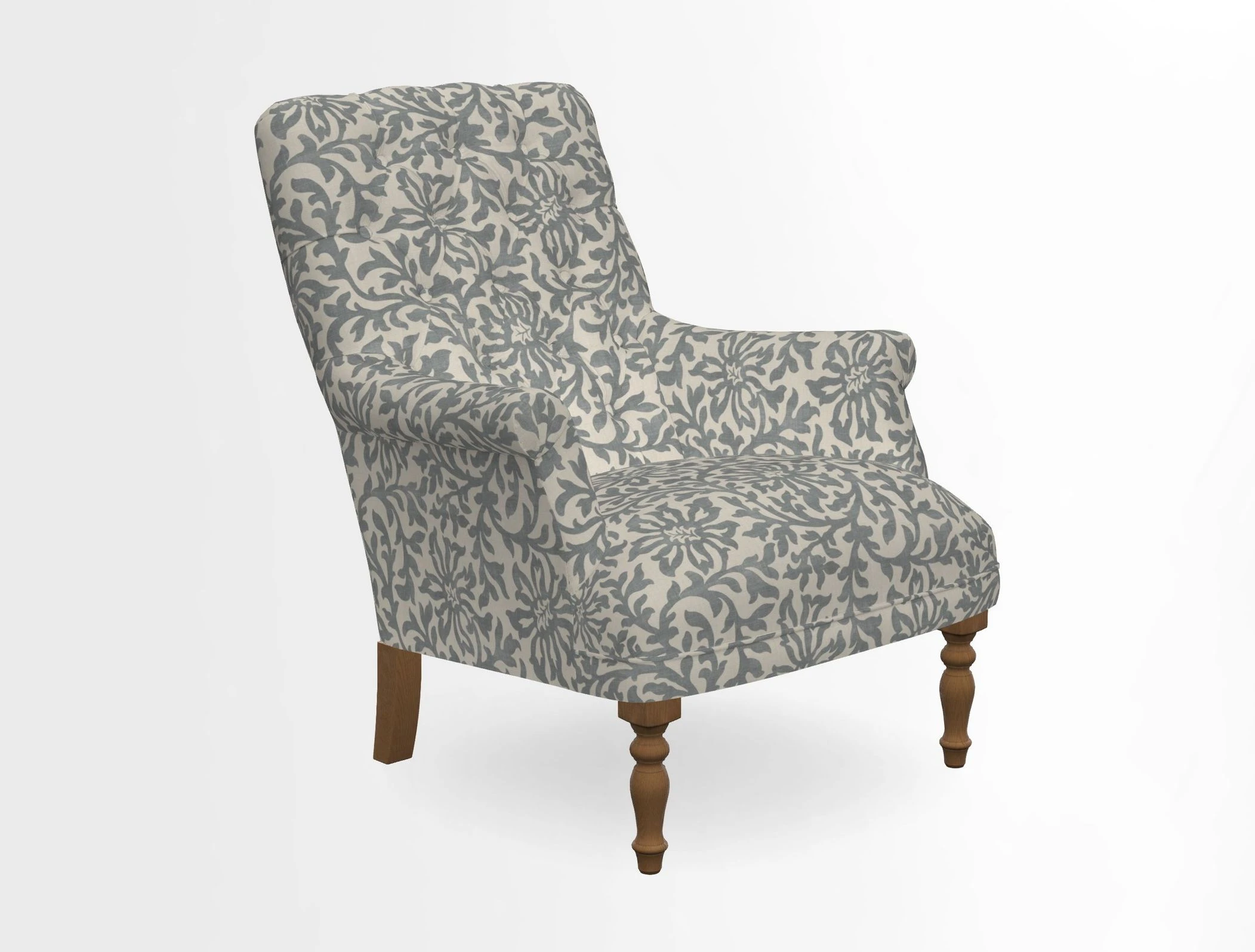 Snape Button Back chair in Spill Resistant V&A Bird & Rabbit Dark Green and Cube footstool in Spill Resistant RHS Etta's Stripe Ink