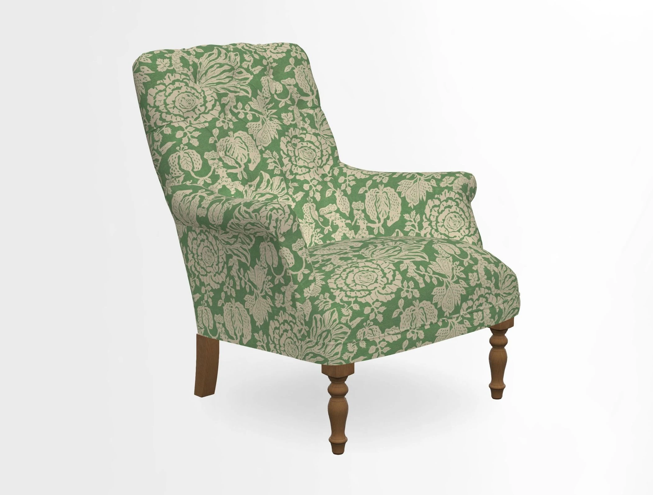 Snape Button Back chair in Spill Resistant V&A Bird & Rabbit Dark Green and Cube footstool in Spill Resistant RHS Etta's Stripe Ink