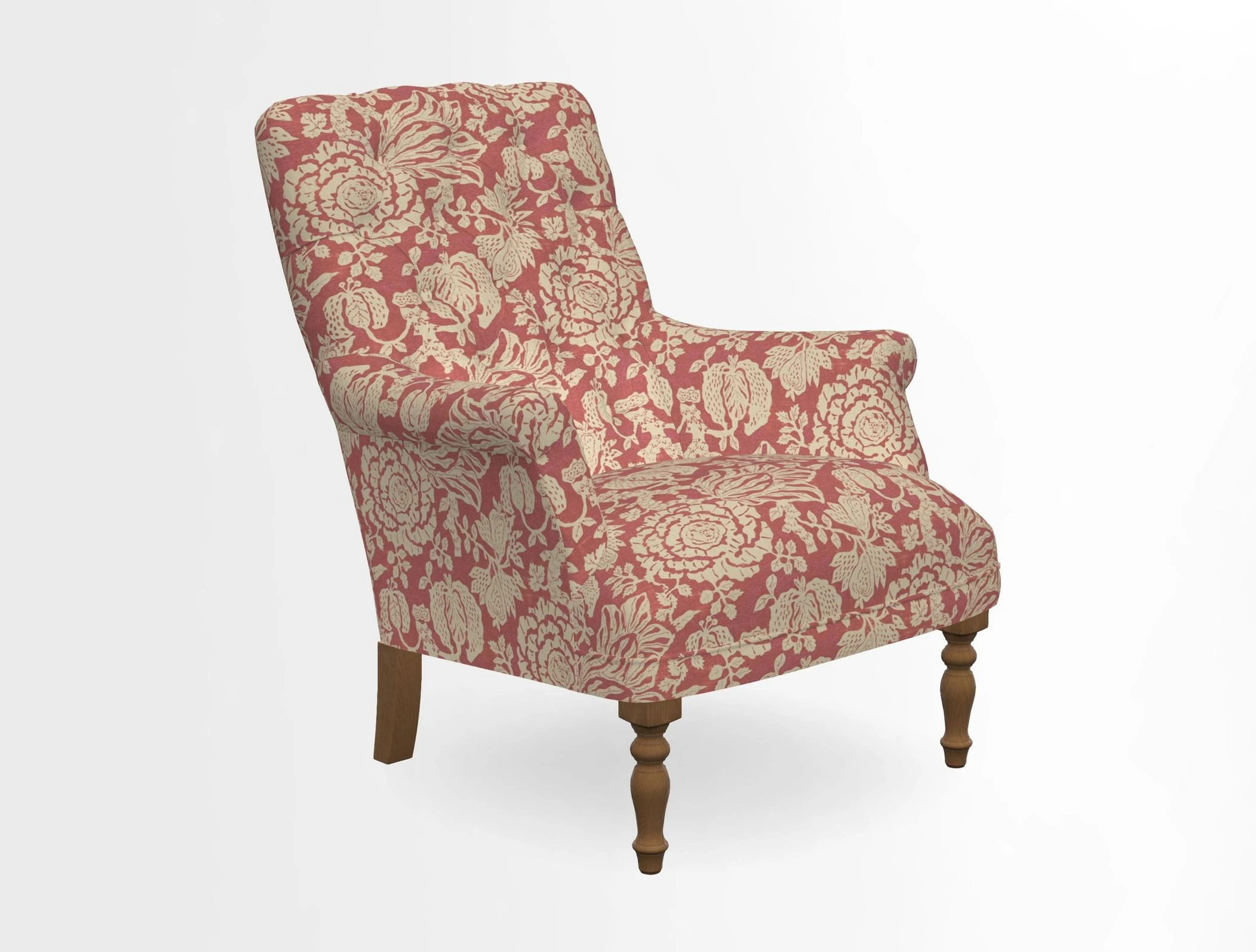 Snape Button Back chair in Spill Resistant V&A Bird & Rabbit Dark Green and Cube footstool in Spill Resistant RHS Etta's Stripe Ink