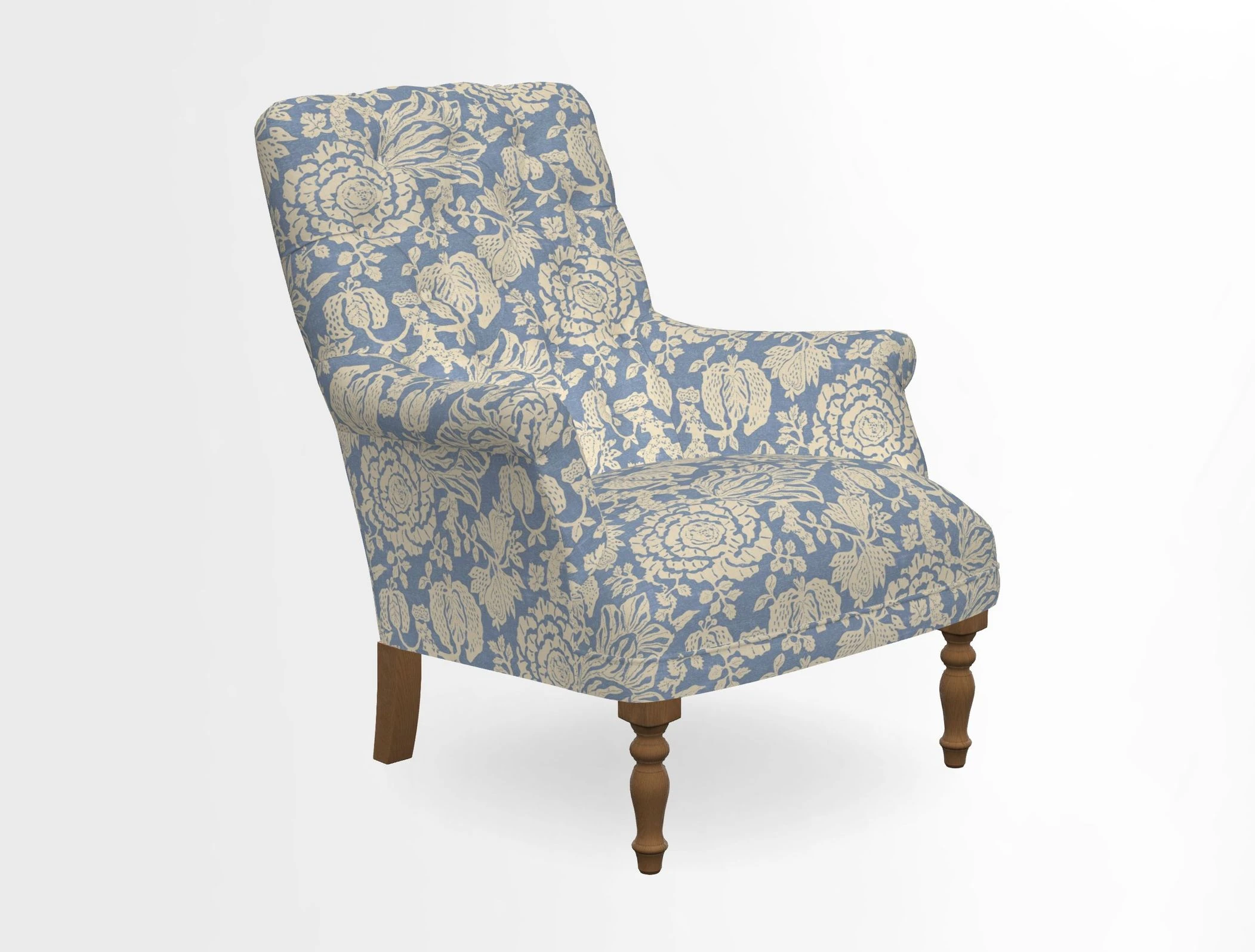 Snape Button Back chair in Spill Resistant V&A Bird & Rabbit Dark Green and Cube footstool in Spill Resistant RHS Etta's Stripe Ink