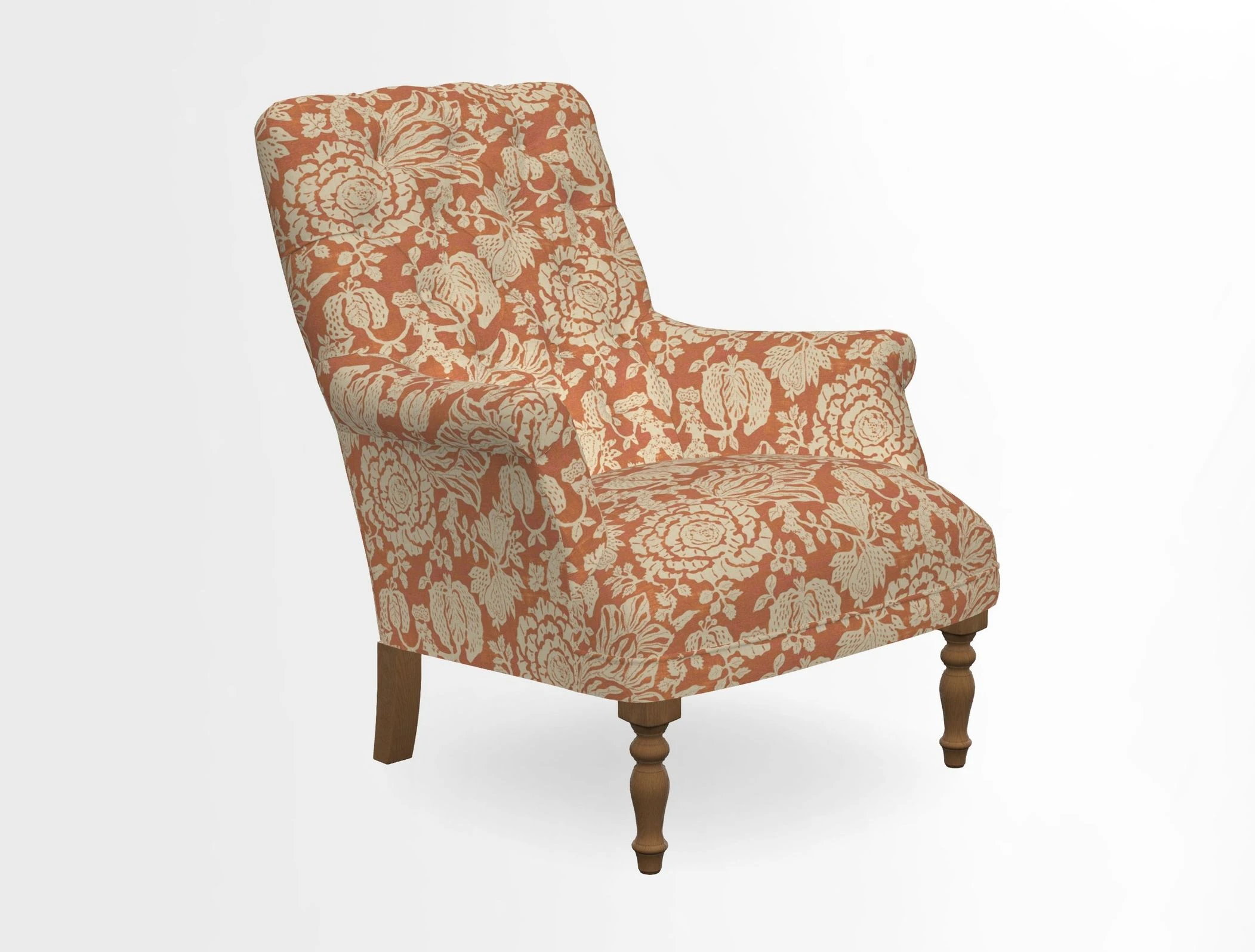 Snape Button Back chair in Spill Resistant V&A Bird & Rabbit Dark Green and Cube footstool in Spill Resistant RHS Etta's Stripe Ink