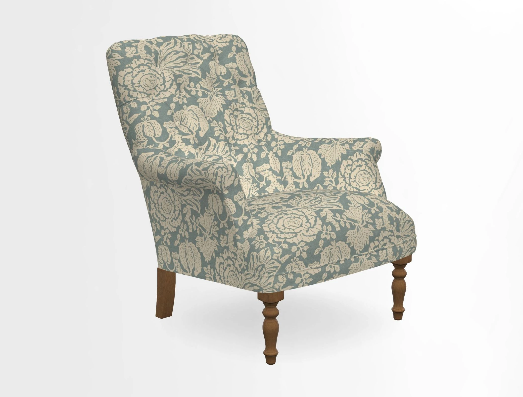 Snape Button Back chair in Spill Resistant V&A Bird & Rabbit Dark Green and Cube footstool in Spill Resistant RHS Etta's Stripe Ink