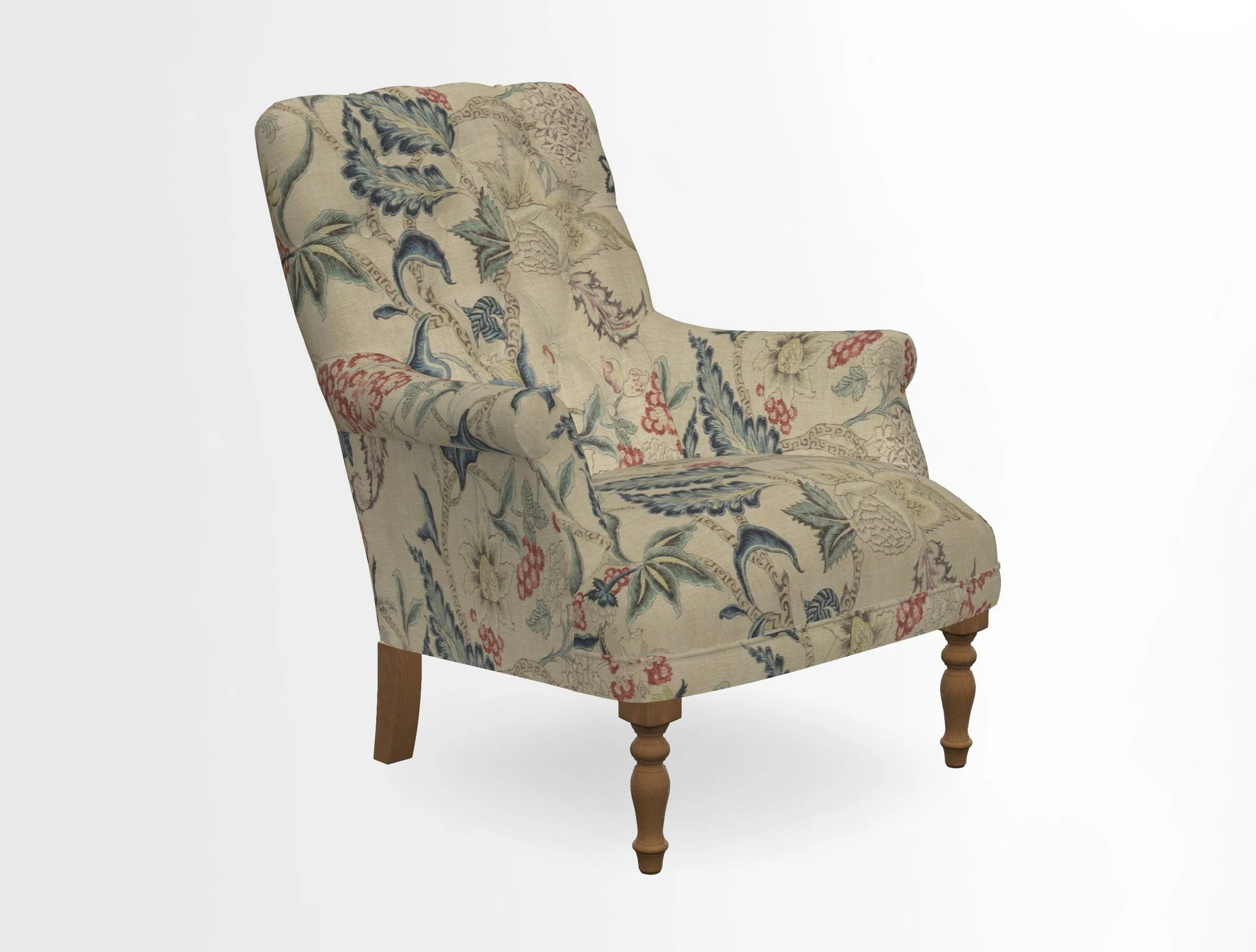 Snape Button Back chair in Spill Resistant V&A Bird & Rabbit Dark Green and Cube footstool in Spill Resistant RHS Etta's Stripe Ink