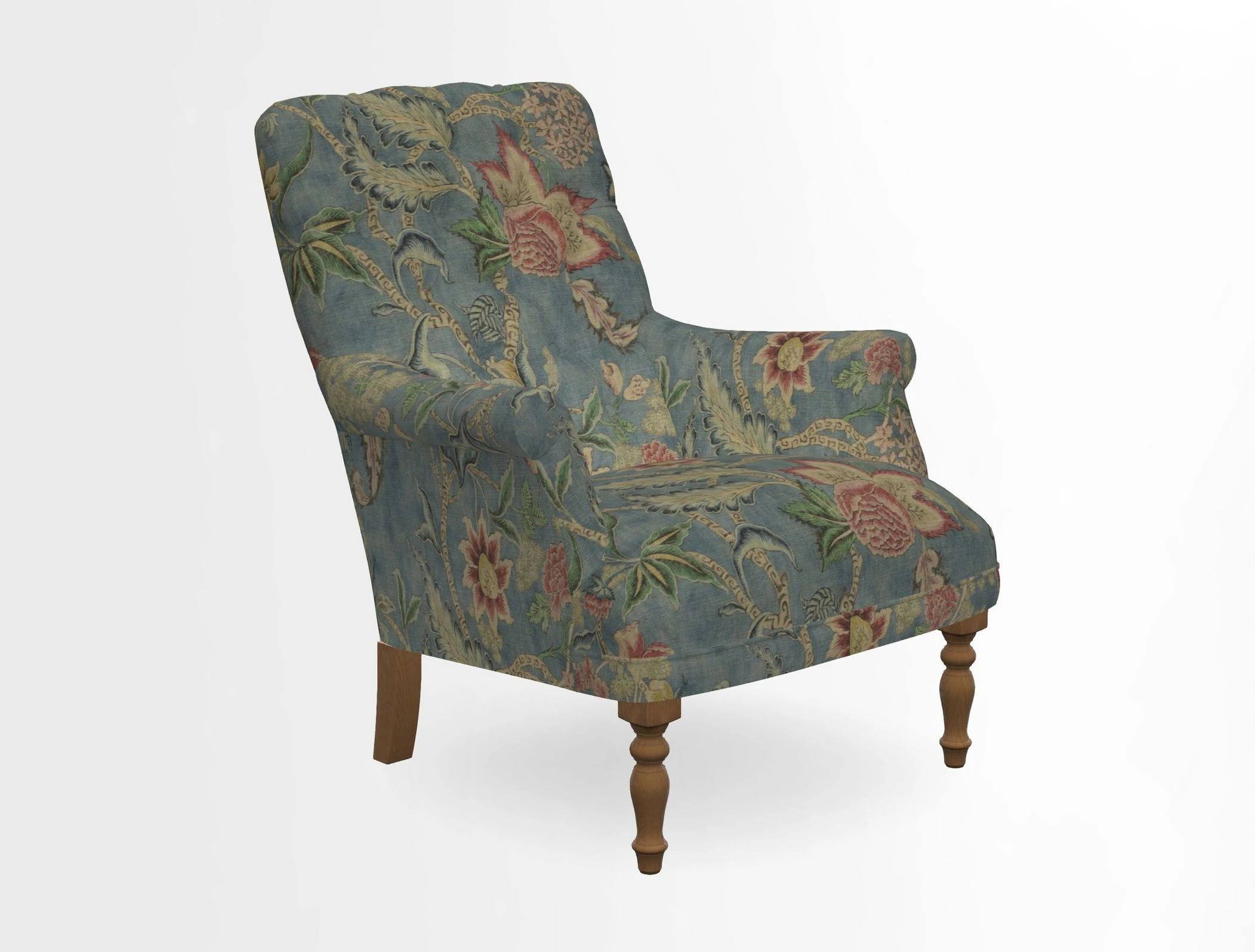 Snape Button Back chair in Spill Resistant V&A Bird & Rabbit Dark Green and Cube footstool in Spill Resistant RHS Etta's Stripe Ink