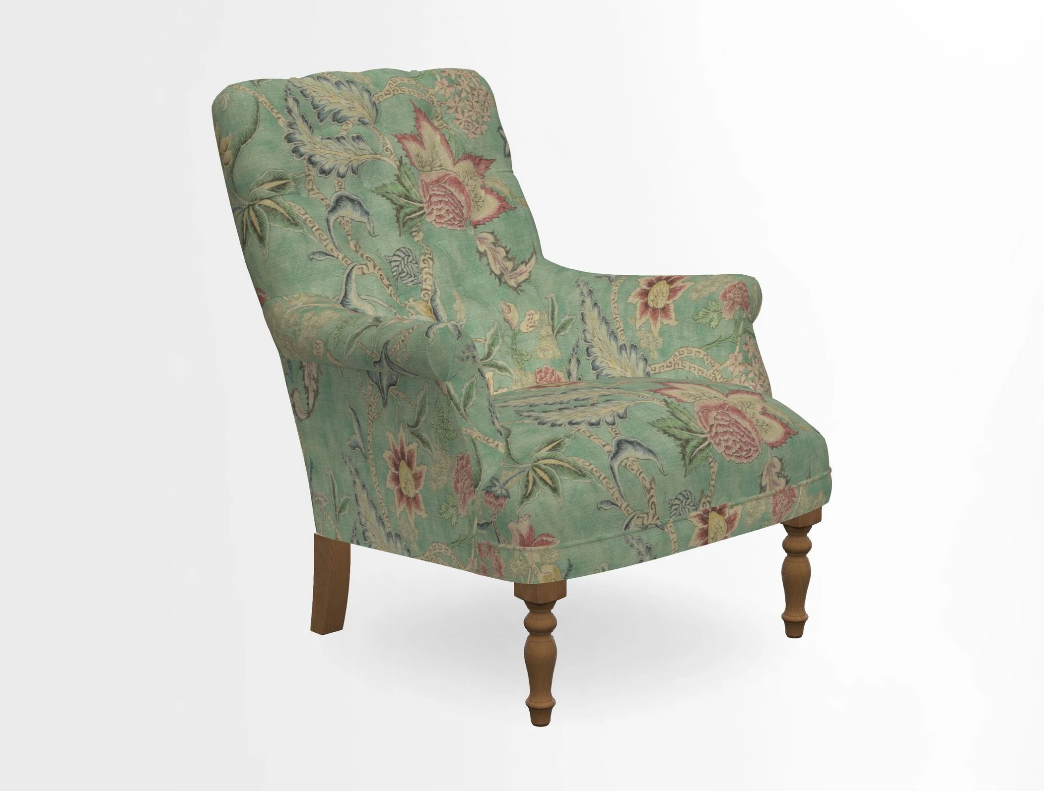 Snape Button Back chair in Spill Resistant V&A Bird & Rabbit Dark Green and Cube footstool in Spill Resistant RHS Etta's Stripe Ink