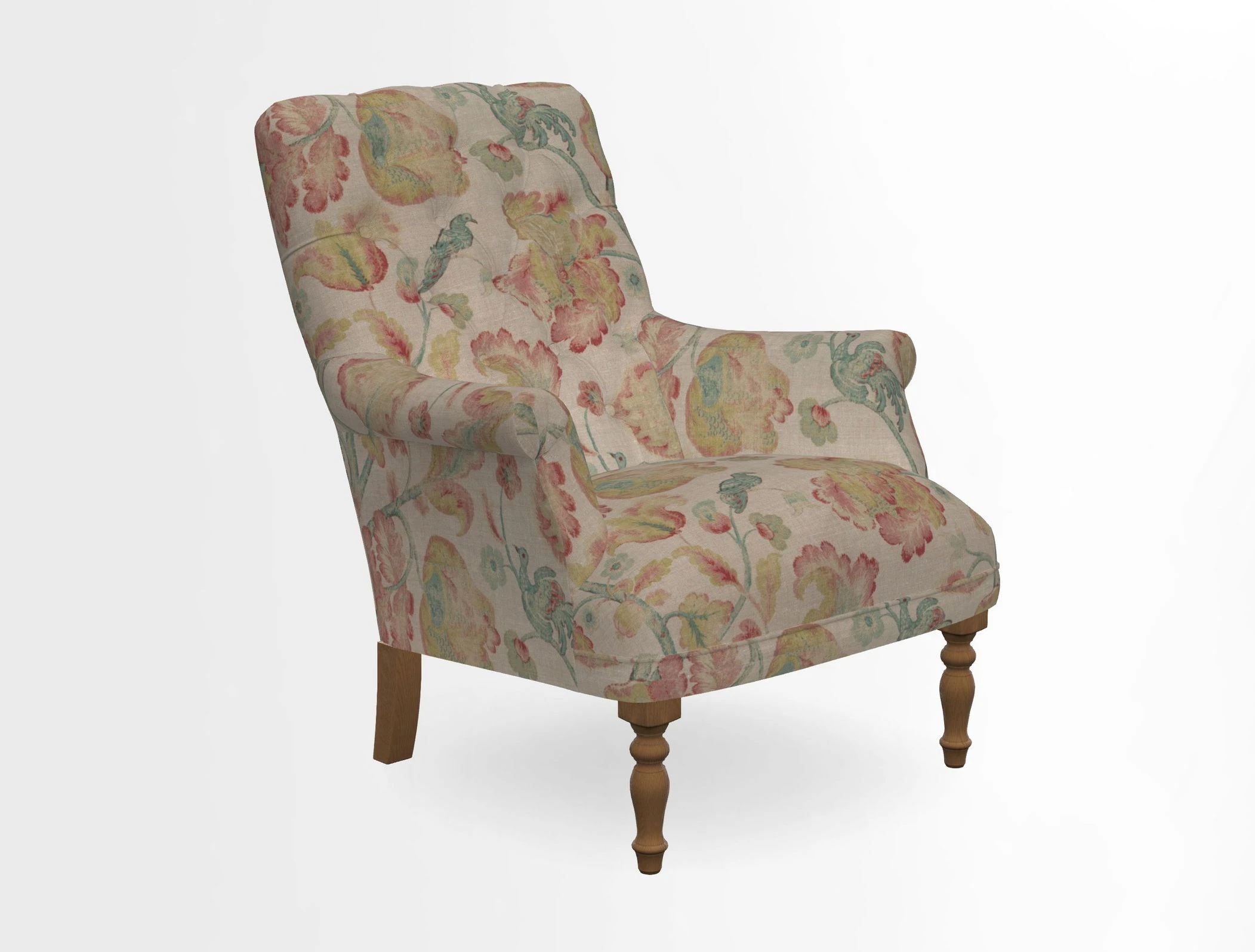 Snape Button Back chair in Spill Resistant V&A Bird & Rabbit Dark Green and Cube footstool in Spill Resistant RHS Etta's Stripe Ink