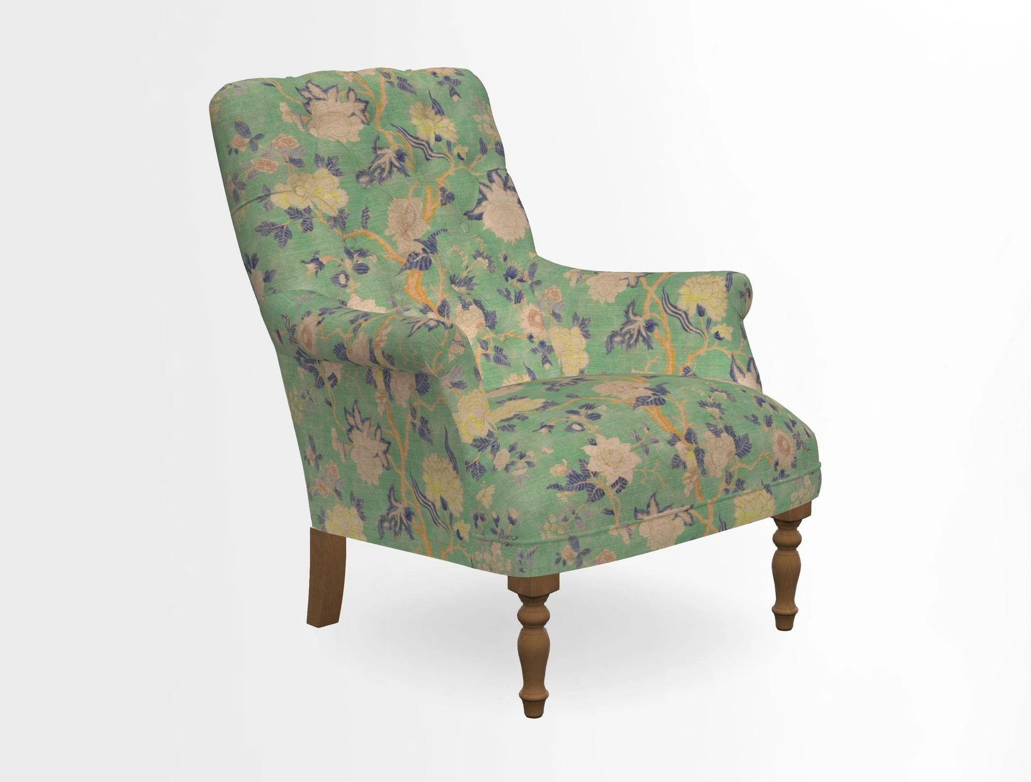Snape Button Back chair in Spill Resistant V&A Bird & Rabbit Dark Green and Cube footstool in Spill Resistant RHS Etta's Stripe Ink