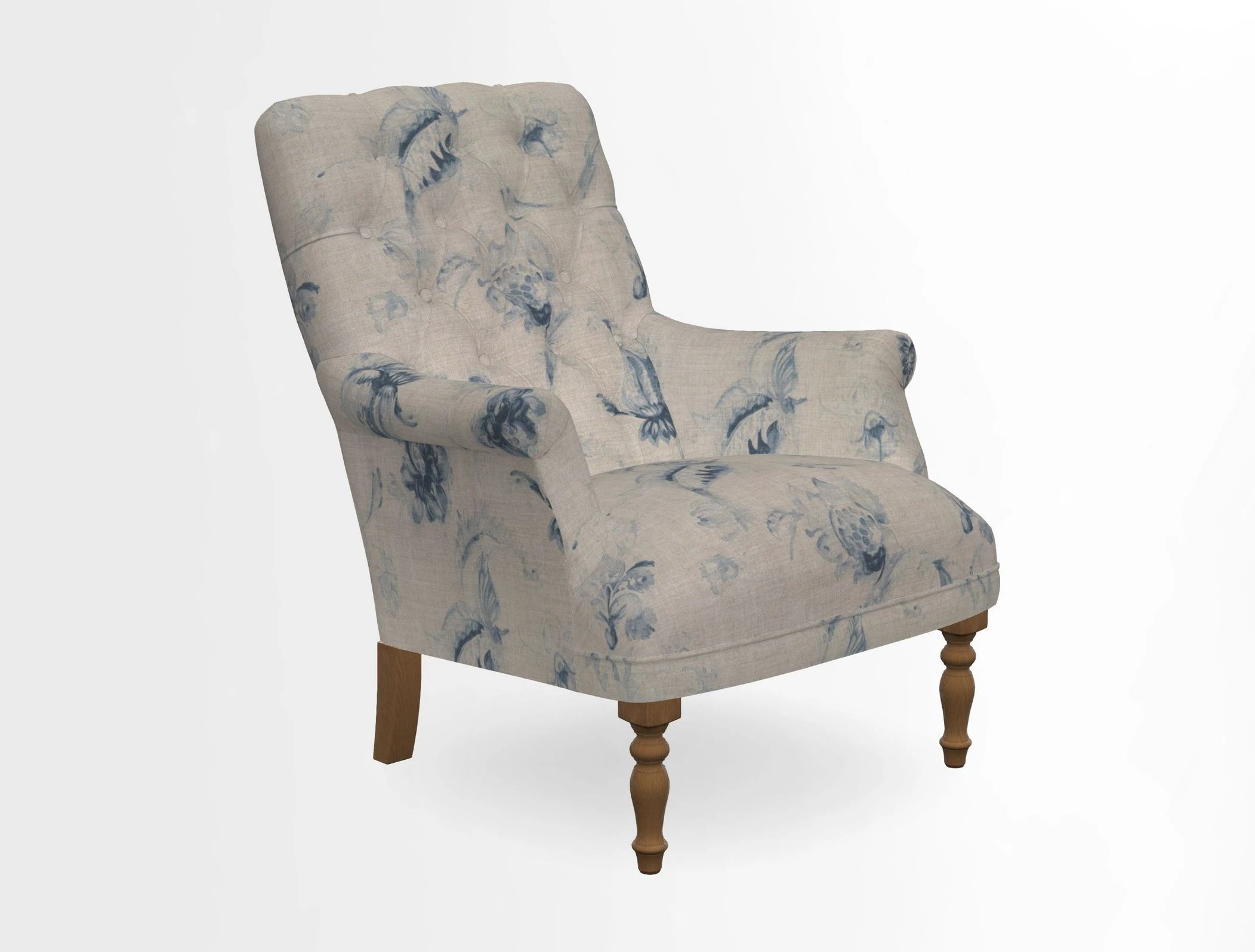 Snape Button Back chair in Spill Resistant V&A Bird & Rabbit Dark Green and Cube footstool in Spill Resistant RHS Etta's Stripe Ink