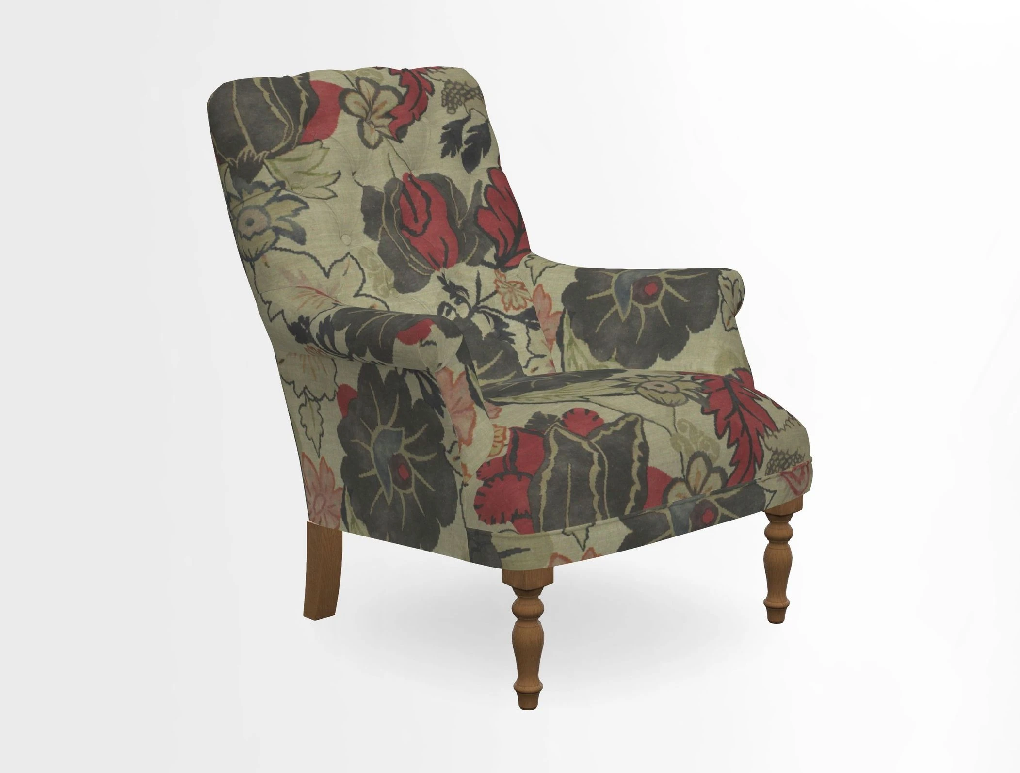 Snape Button Back chair in Spill Resistant V&A Bird & Rabbit Dark Green and Cube footstool in Spill Resistant RHS Etta's Stripe Ink