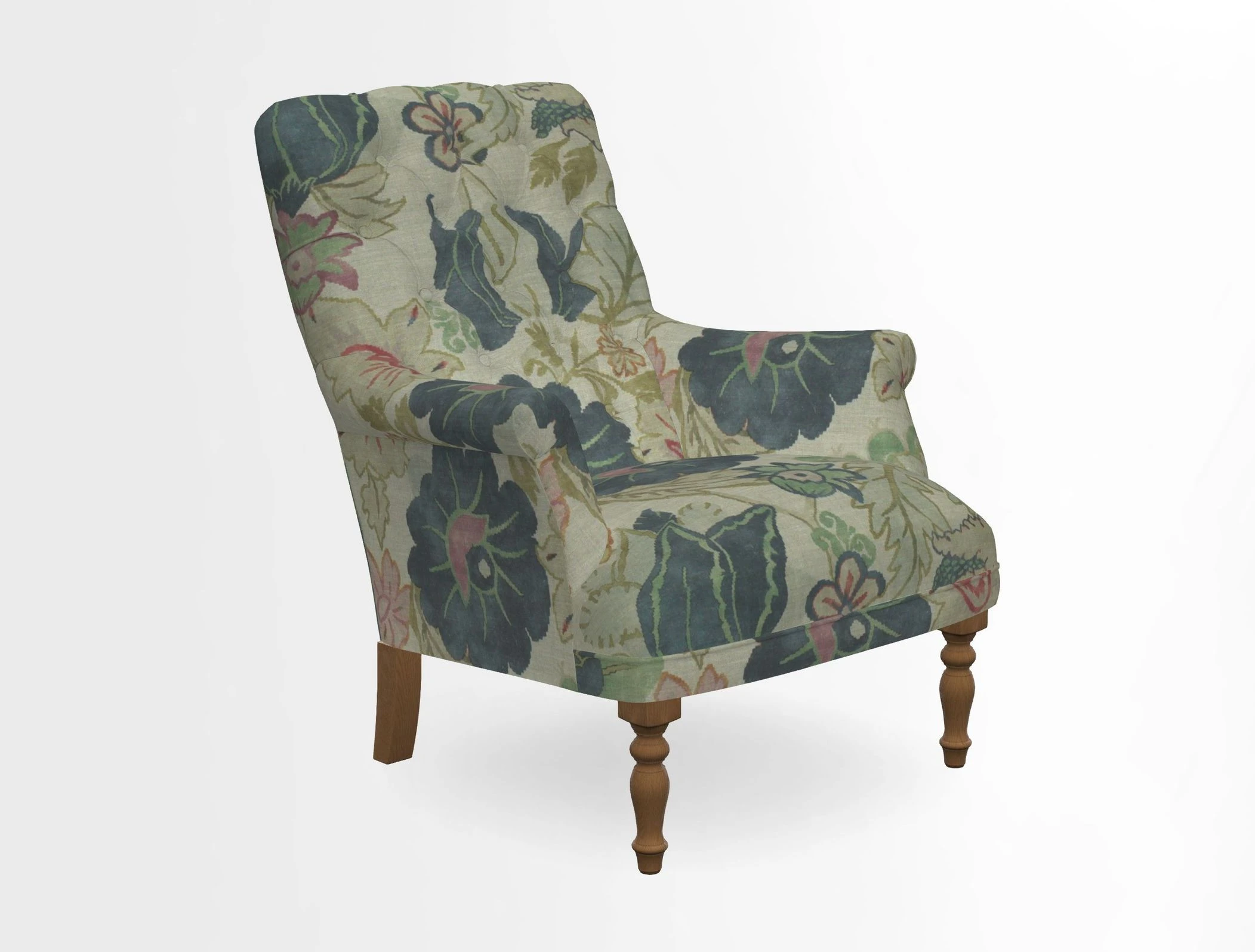 Snape Button Back chair in Spill Resistant V&A Bird & Rabbit Dark Green and Cube footstool in Spill Resistant RHS Etta's Stripe Ink