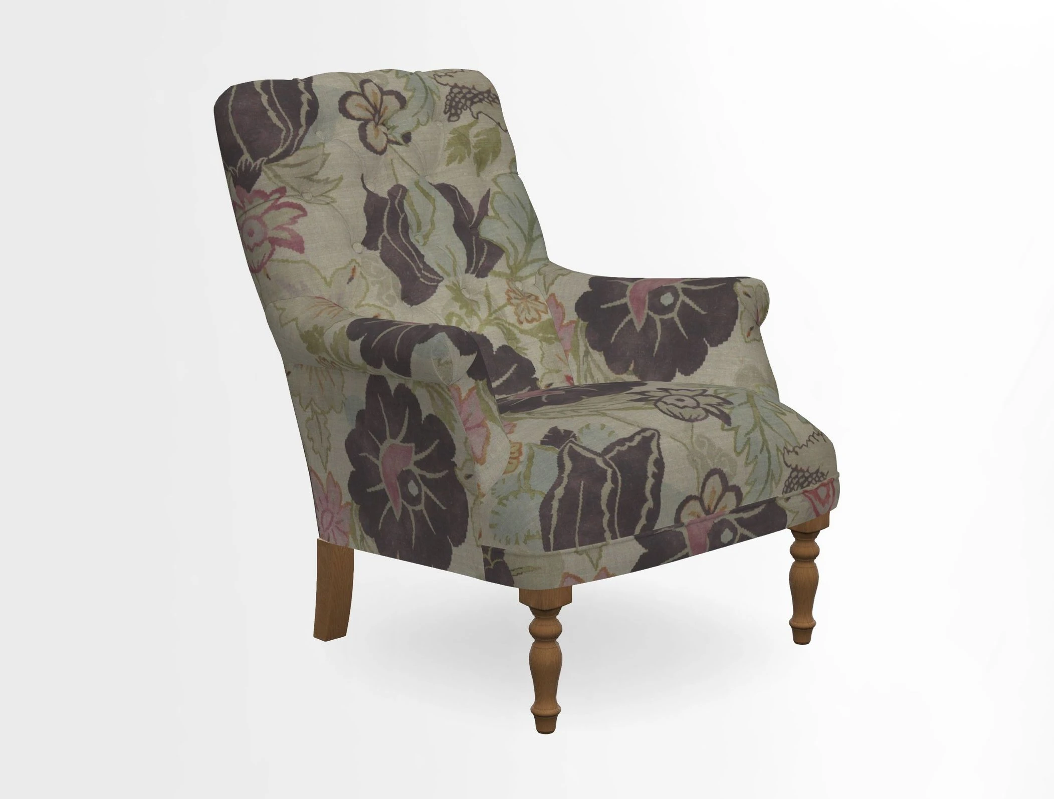 Snape Button Back chair in Spill Resistant V&A Bird & Rabbit Dark Green and Cube footstool in Spill Resistant RHS Etta's Stripe Ink