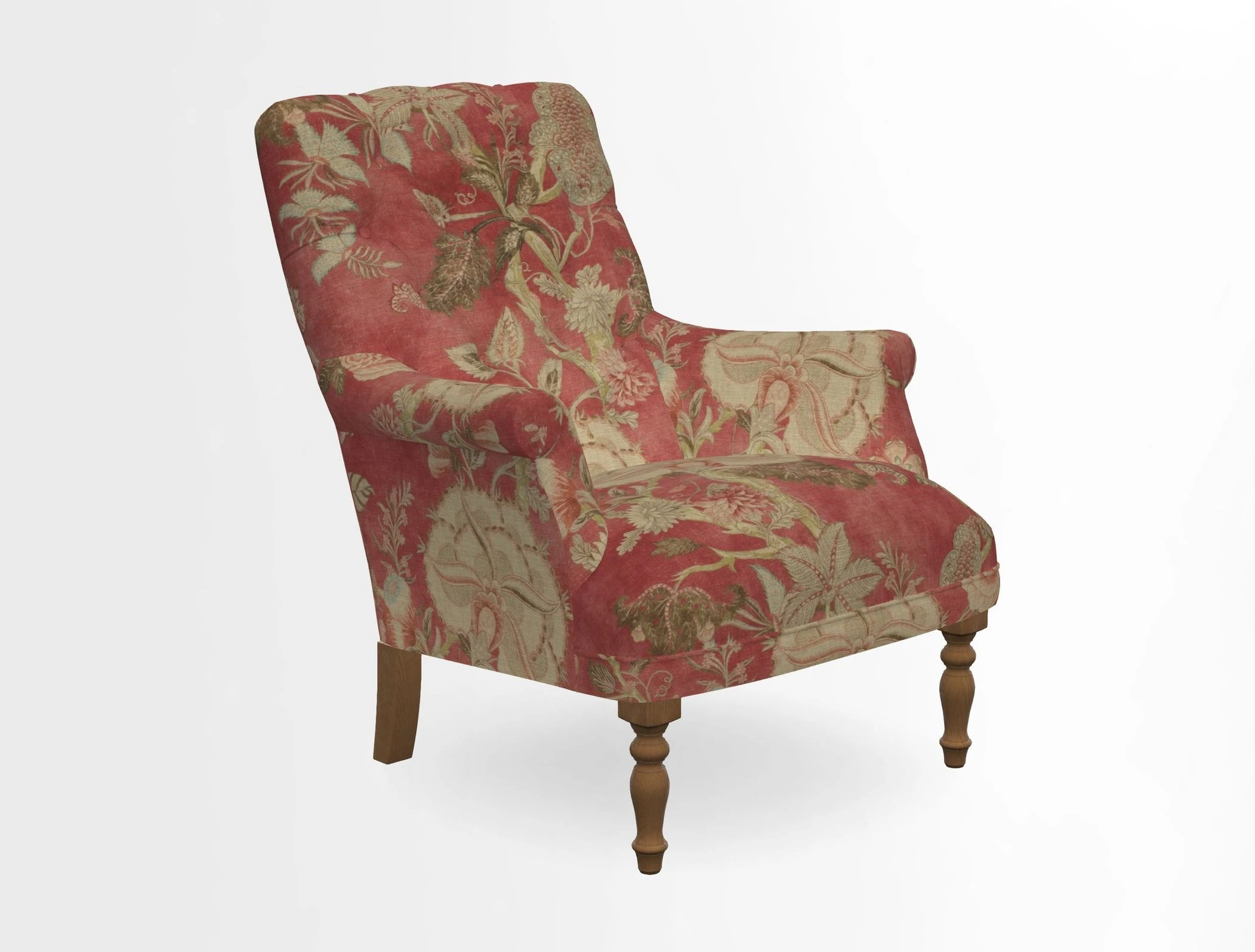 Snape Button Back chair in Spill Resistant V&A Bird & Rabbit Dark Green and Cube footstool in Spill Resistant RHS Etta's Stripe Ink