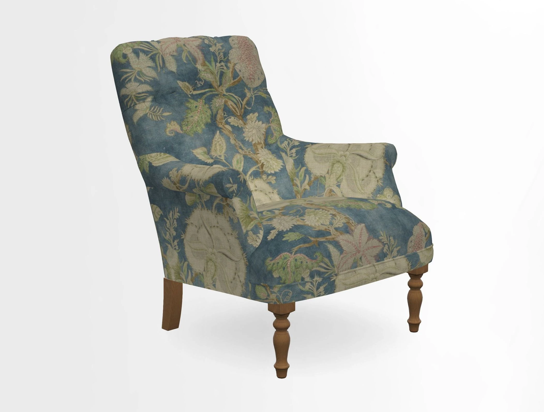 Snape Button Back chair in Spill Resistant V&A Bird & Rabbit Dark Green and Cube footstool in Spill Resistant RHS Etta's Stripe Ink