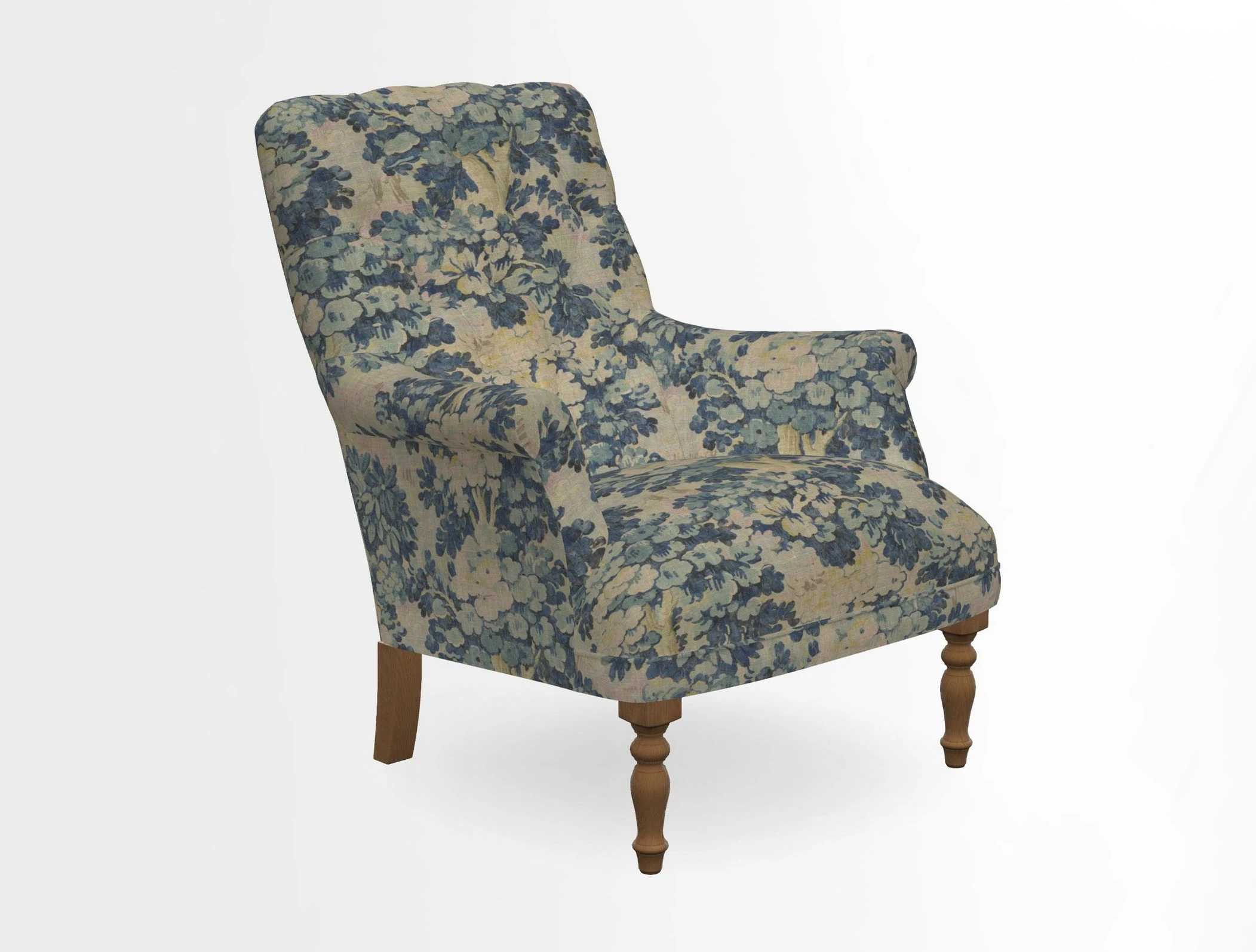 Snape Button Back chair in Spill Resistant V&A Bird & Rabbit Dark Green and Cube footstool in Spill Resistant RHS Etta's Stripe Ink