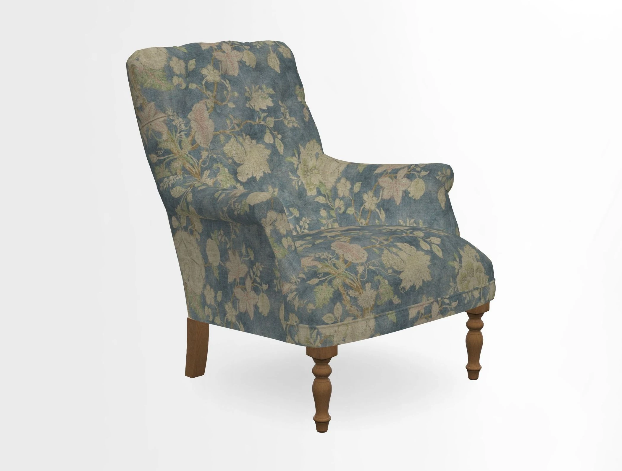 Snape Button Back chair in Spill Resistant V&A Bird & Rabbit Dark Green and Cube footstool in Spill Resistant RHS Etta's Stripe Ink