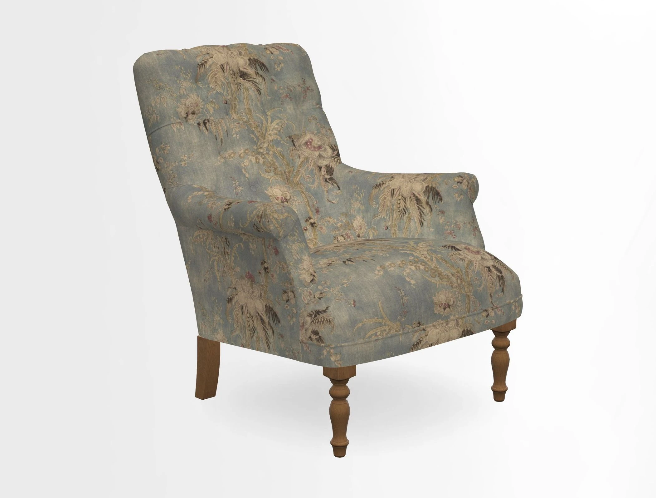 Snape Button Back chair in Spill Resistant V&A Bird & Rabbit Dark Green and Cube footstool in Spill Resistant RHS Etta's Stripe Ink