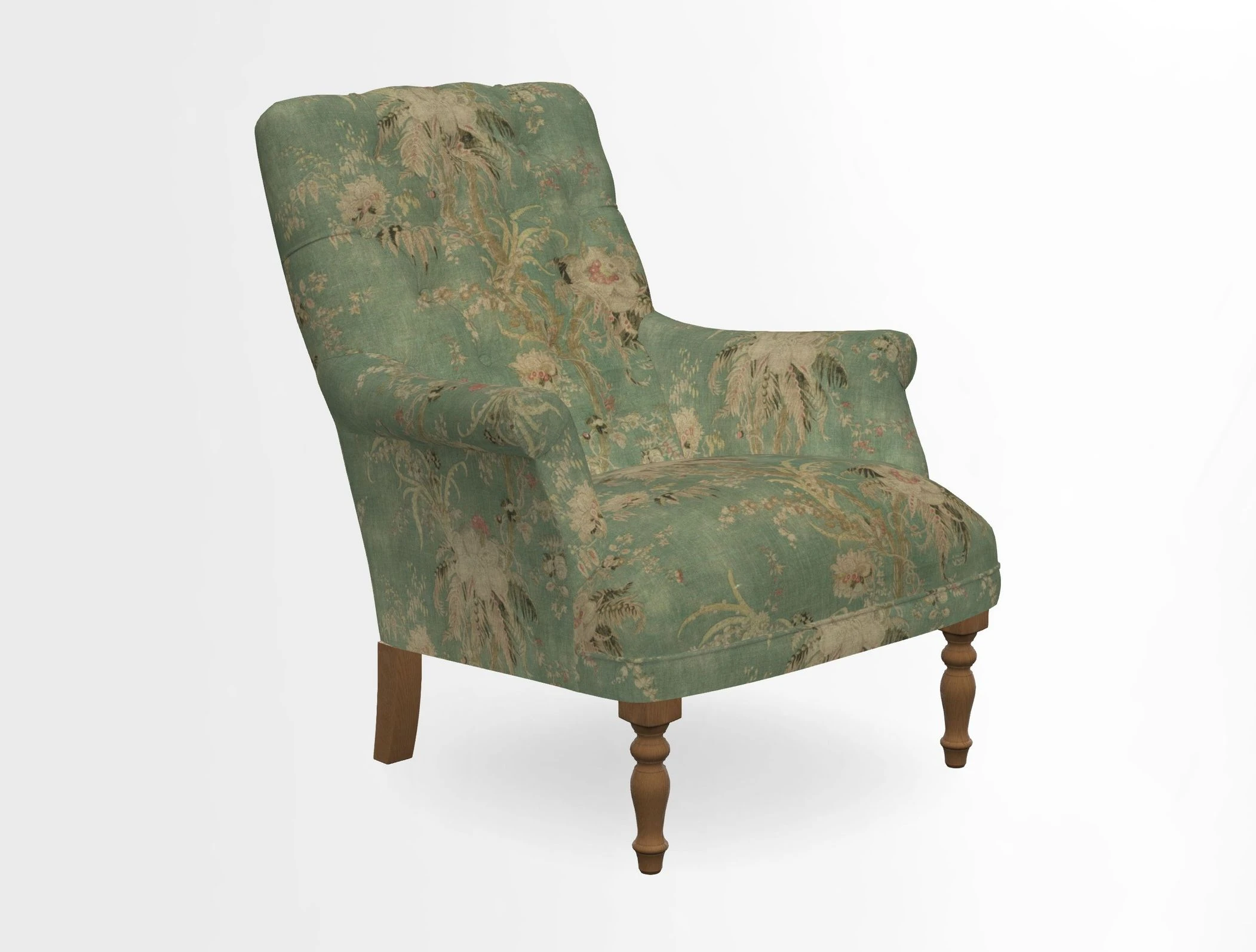Snape Button Back chair in Spill Resistant V&A Bird & Rabbit Dark Green and Cube footstool in Spill Resistant RHS Etta's Stripe Ink