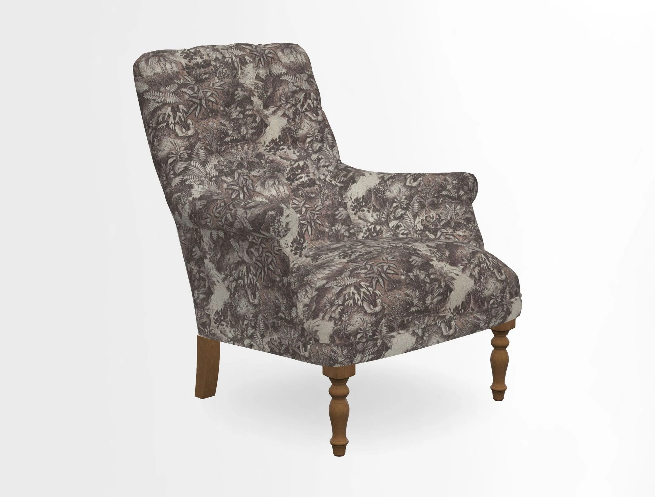 Snape Button Back chair in Spill Resistant V&A Bird & Rabbit Dark Green and Cube footstool in Spill Resistant RHS Etta's Stripe Ink