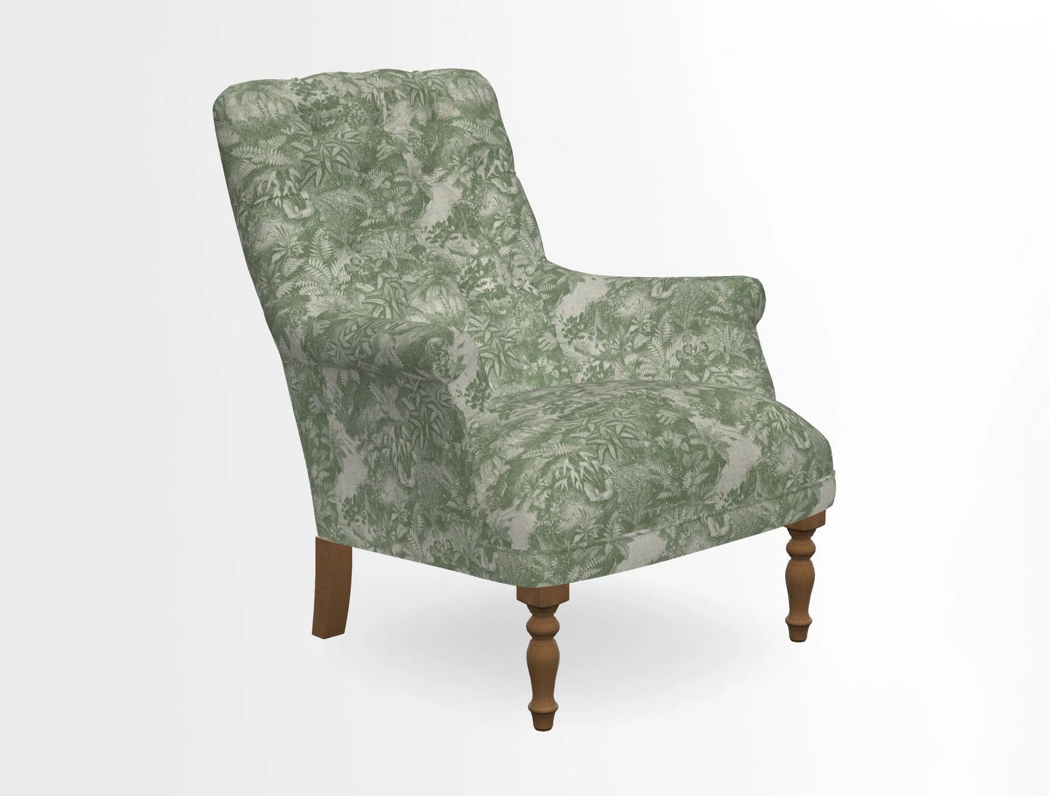Snape Button Back chair in Spill Resistant V&A Bird & Rabbit Dark Green and Cube footstool in Spill Resistant RHS Etta's Stripe Ink