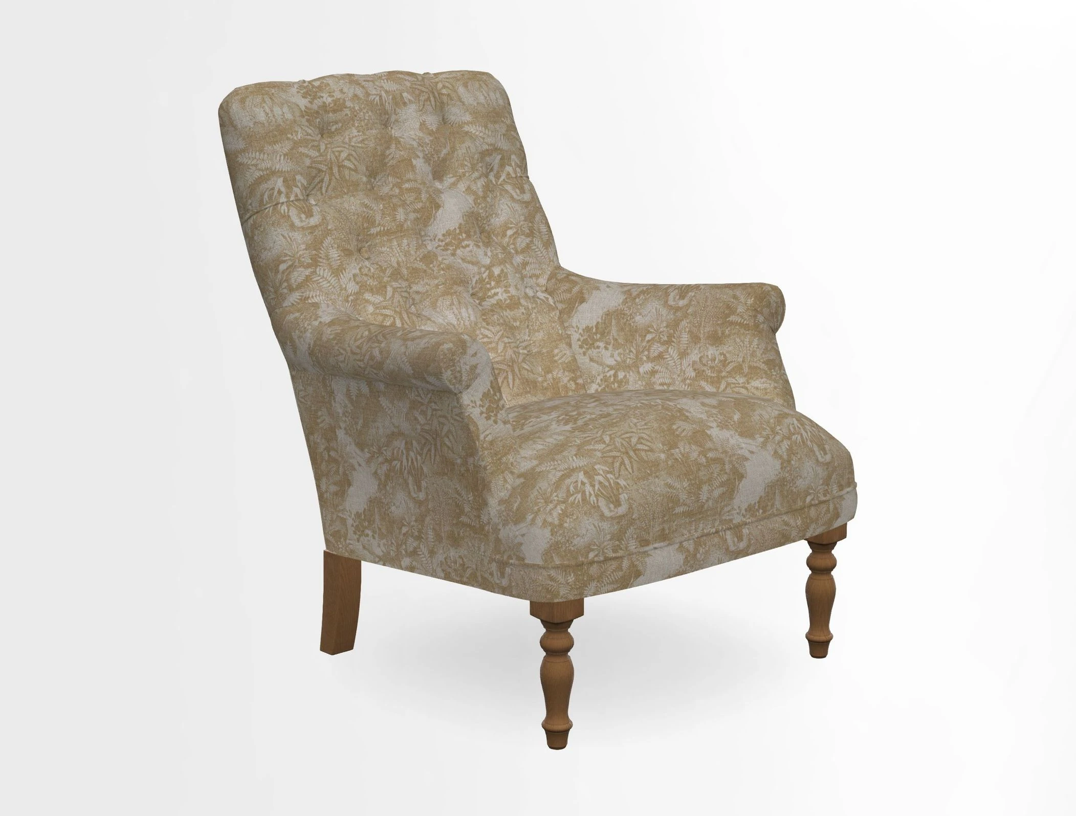 Snape Button Back chair in Spill Resistant V&A Bird & Rabbit Dark Green and Cube footstool in Spill Resistant RHS Etta's Stripe Ink