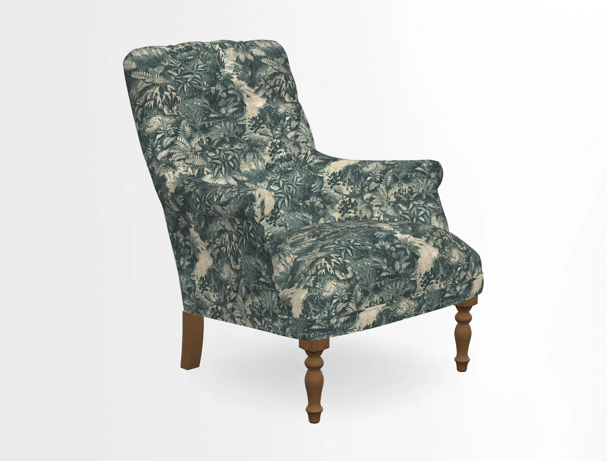 Snape Button Back chair in Spill Resistant V&A Bird & Rabbit Dark Green and Cube footstool in Spill Resistant RHS Etta's Stripe Ink