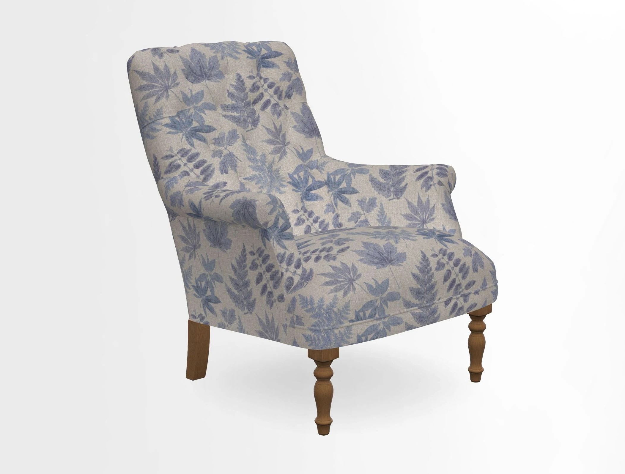 Snape Button Back chair in Spill Resistant V&A Bird & Rabbit Dark Green and Cube footstool in Spill Resistant RHS Etta's Stripe Ink