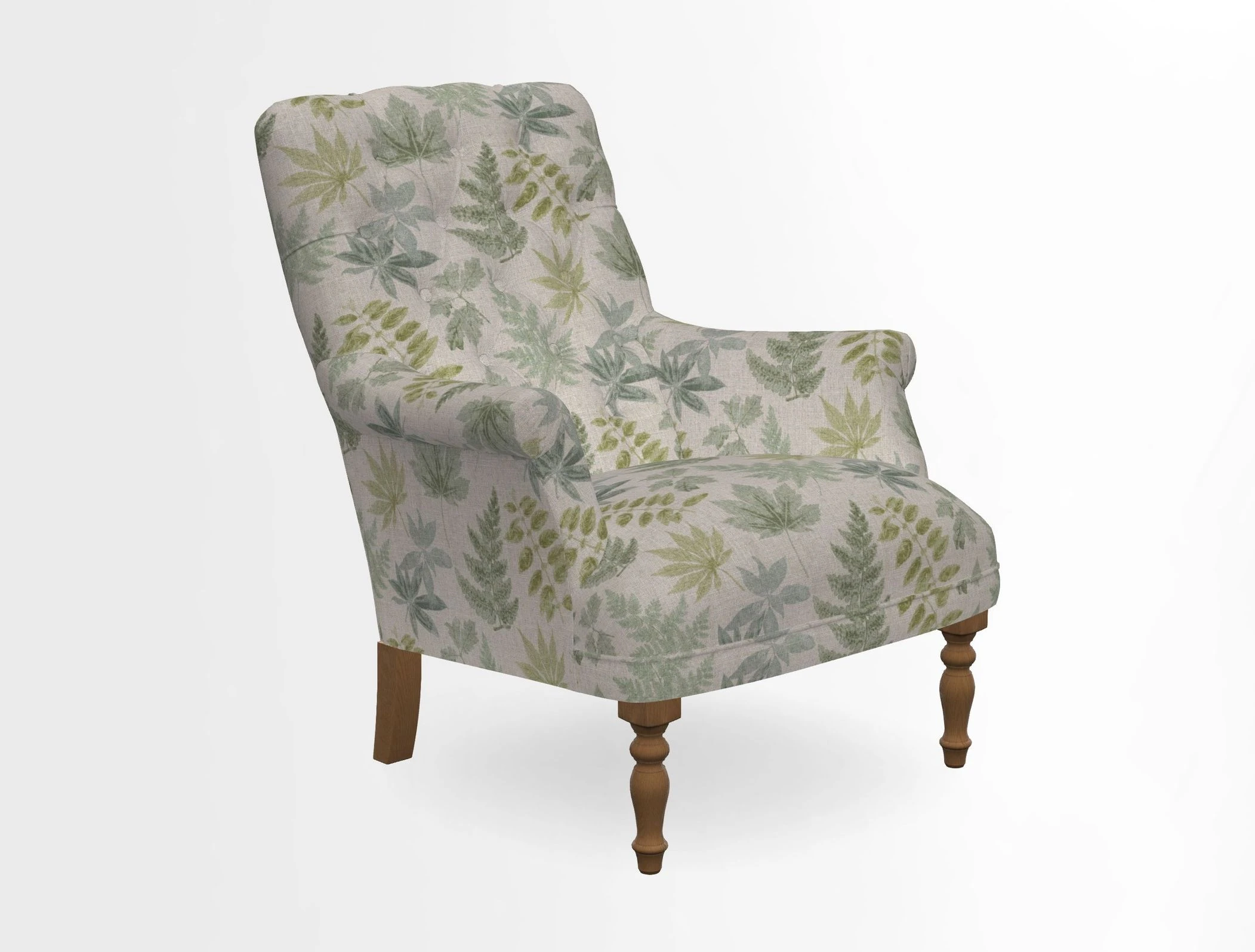 Snape Button Back chair in Spill Resistant V&A Bird & Rabbit Dark Green and Cube footstool in Spill Resistant RHS Etta's Stripe Ink
