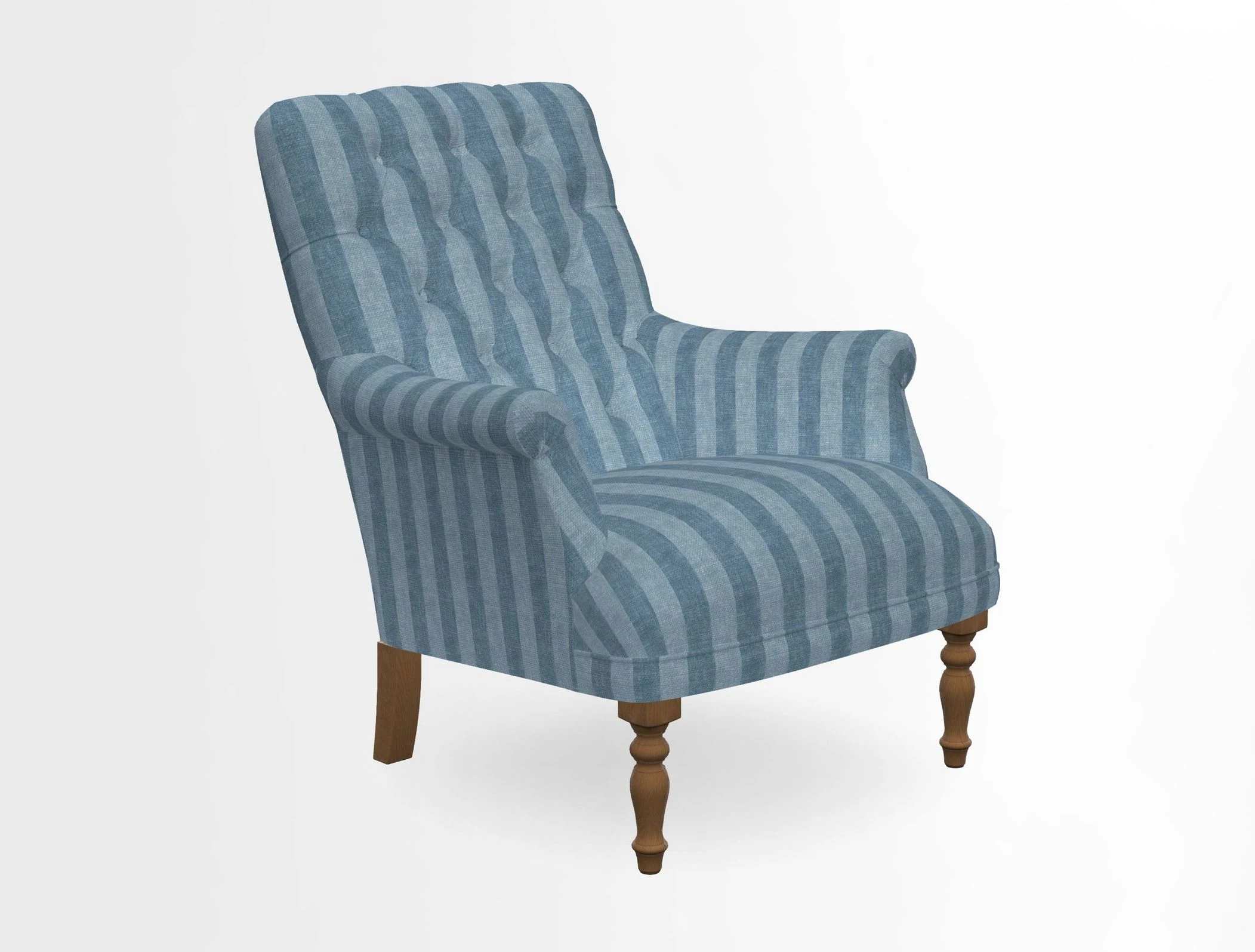 Snape Button Back chair in Spill Resistant V&A Bird & Rabbit Dark Green and Cube footstool in Spill Resistant RHS Etta's Stripe Ink
