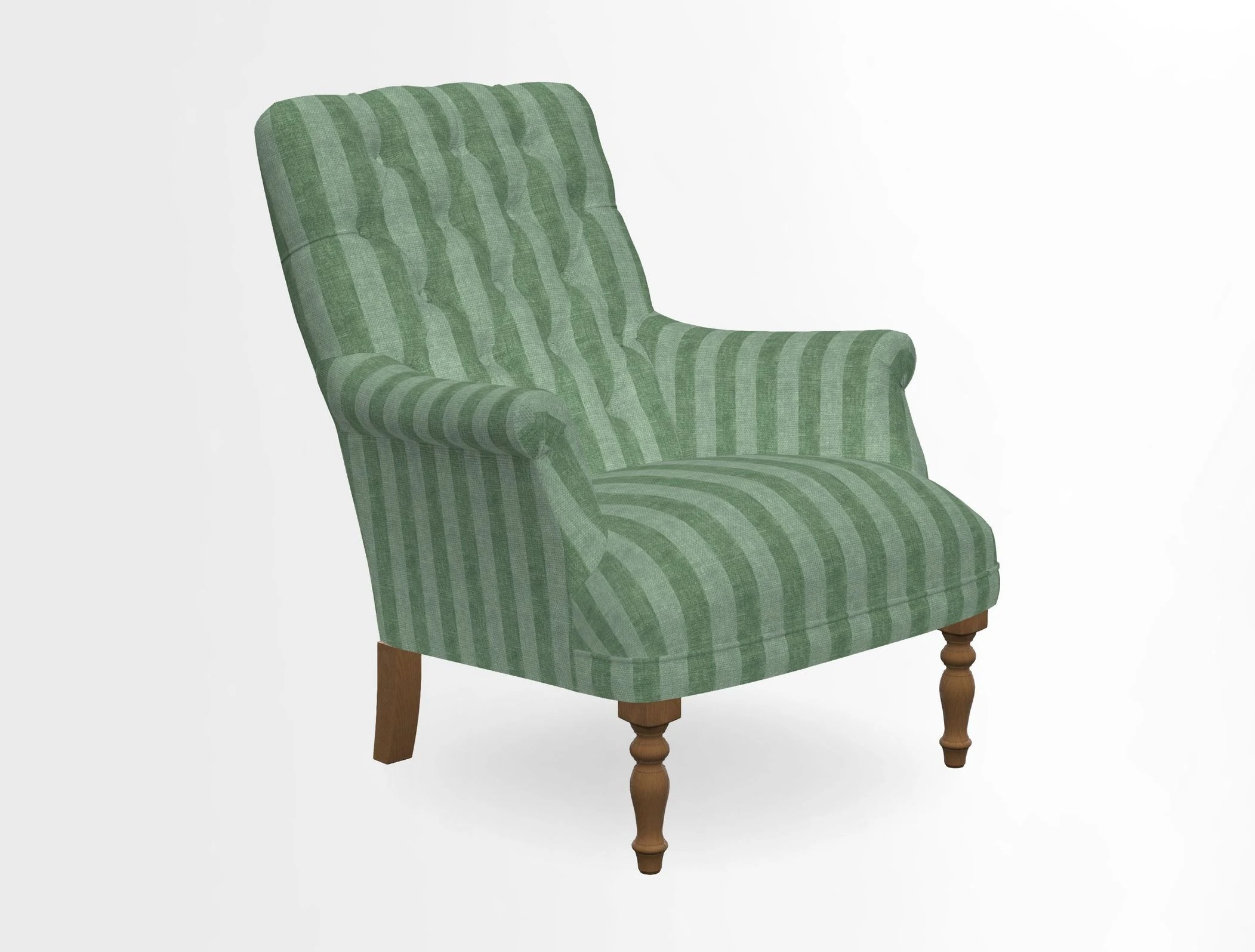 Snape Button Back chair in Spill Resistant V&A Bird & Rabbit Dark Green and Cube footstool in Spill Resistant RHS Etta's Stripe Ink